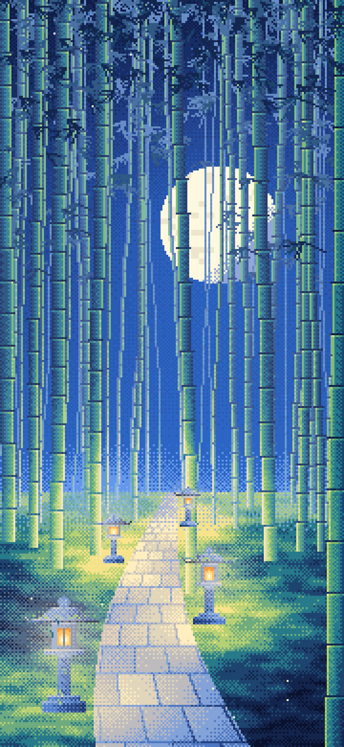 Blue Pixel Art Bamboo Path at Night wallpaper for iPhone and Android