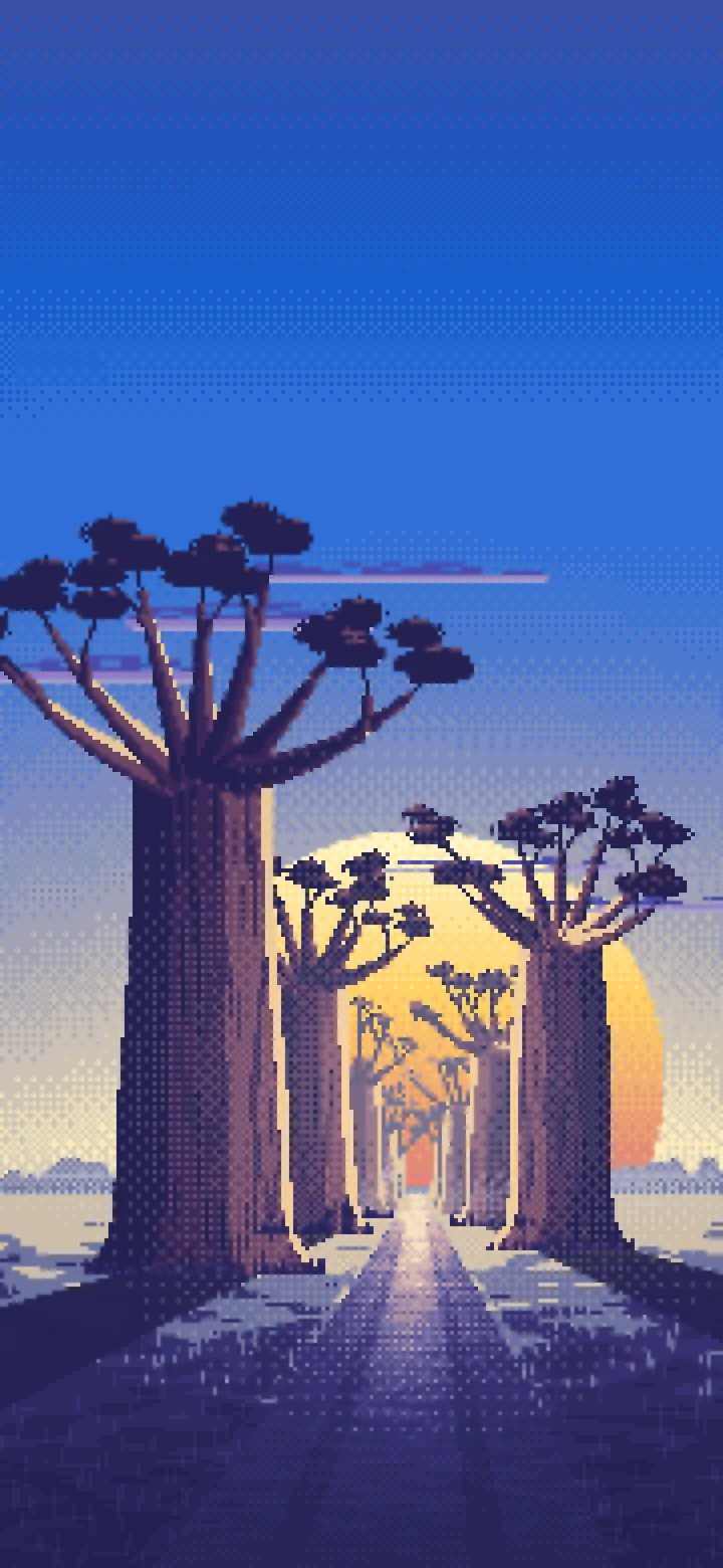 Blue Pixel Art Baobab Trees at Sunset wallpaper for iPhone and Android