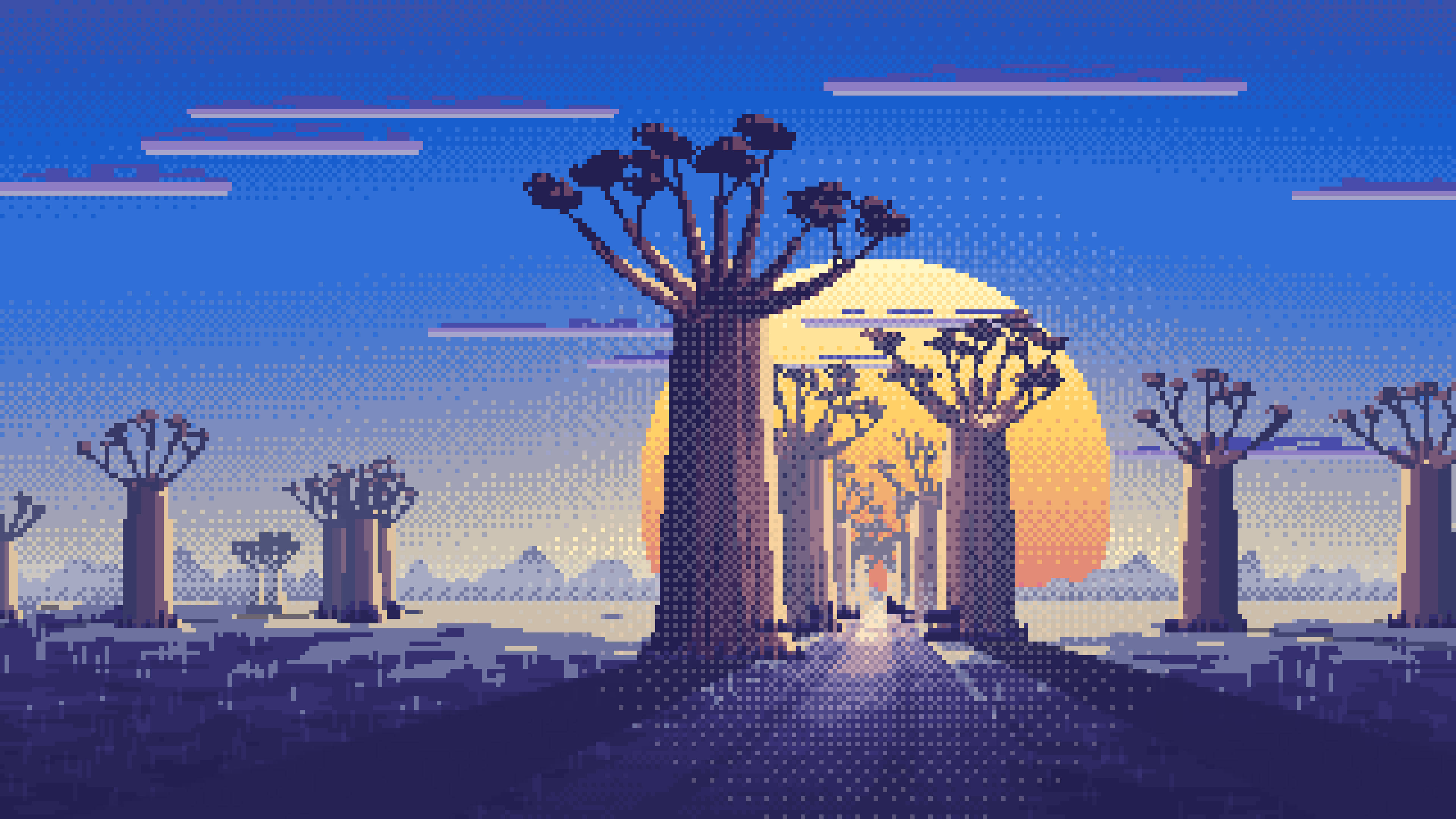 Blue Pixel Art Baobab Trees at Sunset desktop wallpaper in 4K