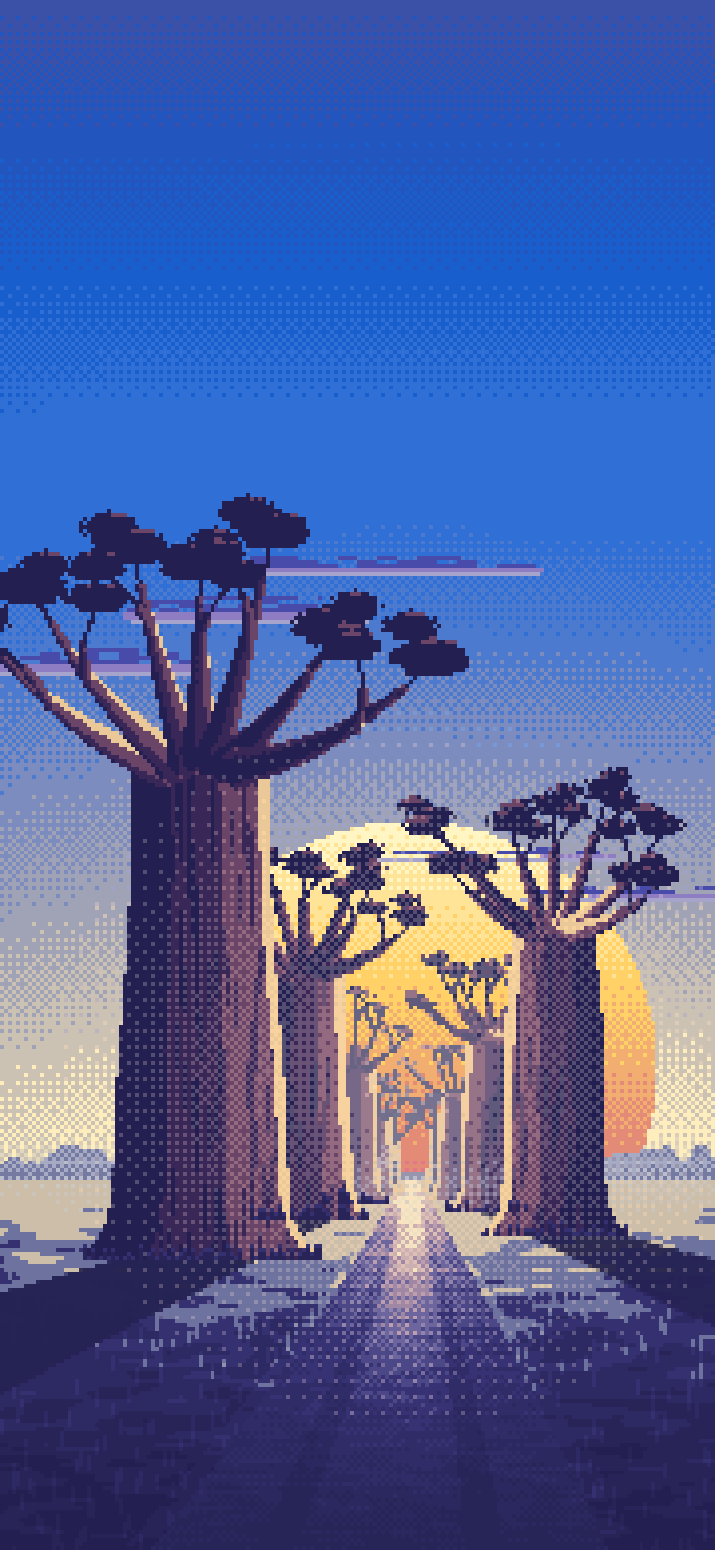 Blue Pixel Art Baobab Trees at Sunset wallpaper for iPhone and Android