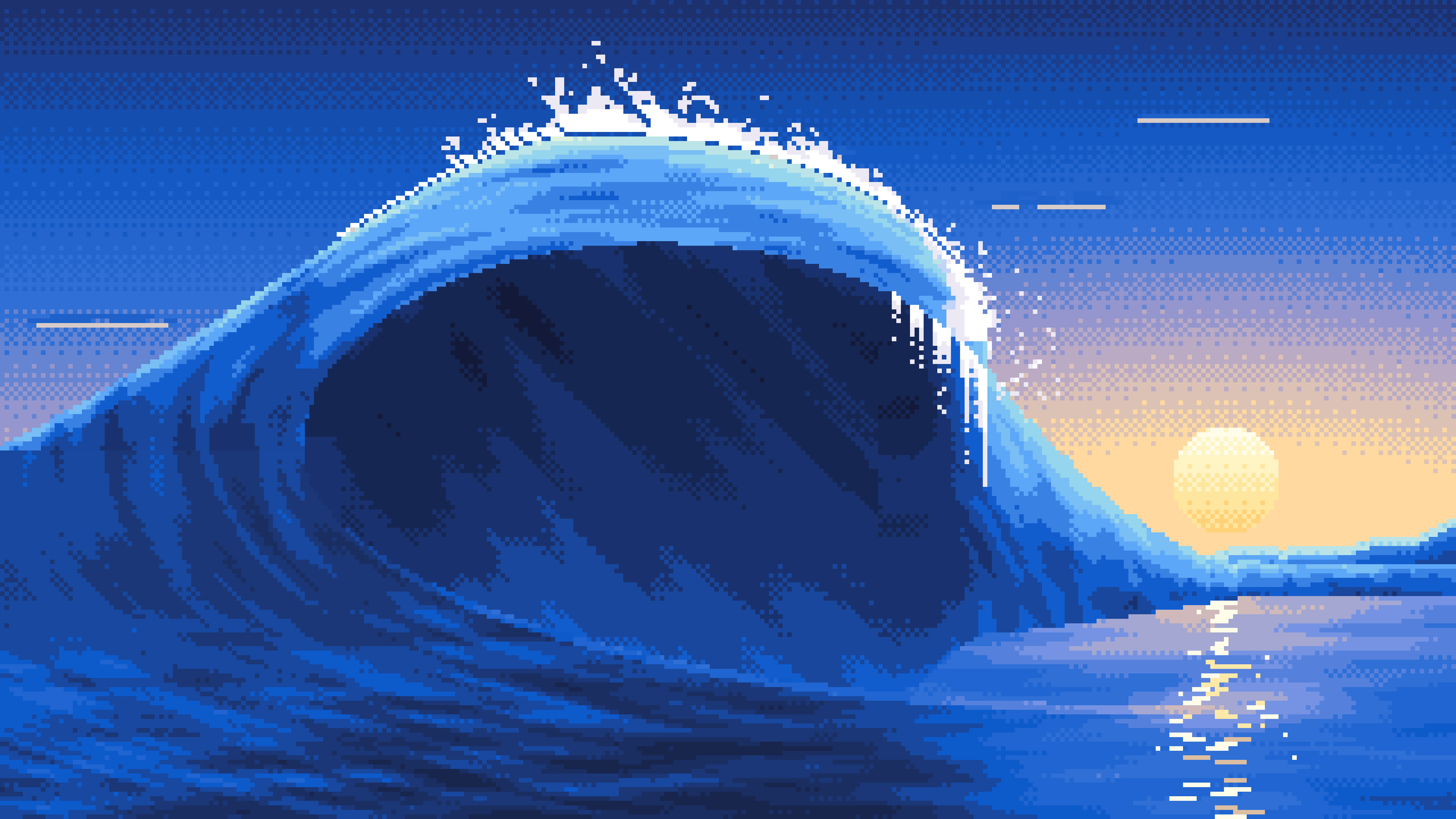 Blue Pixel Art Barrel Wave at Sunset desktop wallpaper in 4K