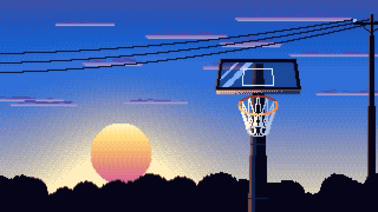 Blue Pixel Art Basketball Hoop at Sunset desktop wallpaper in 4K