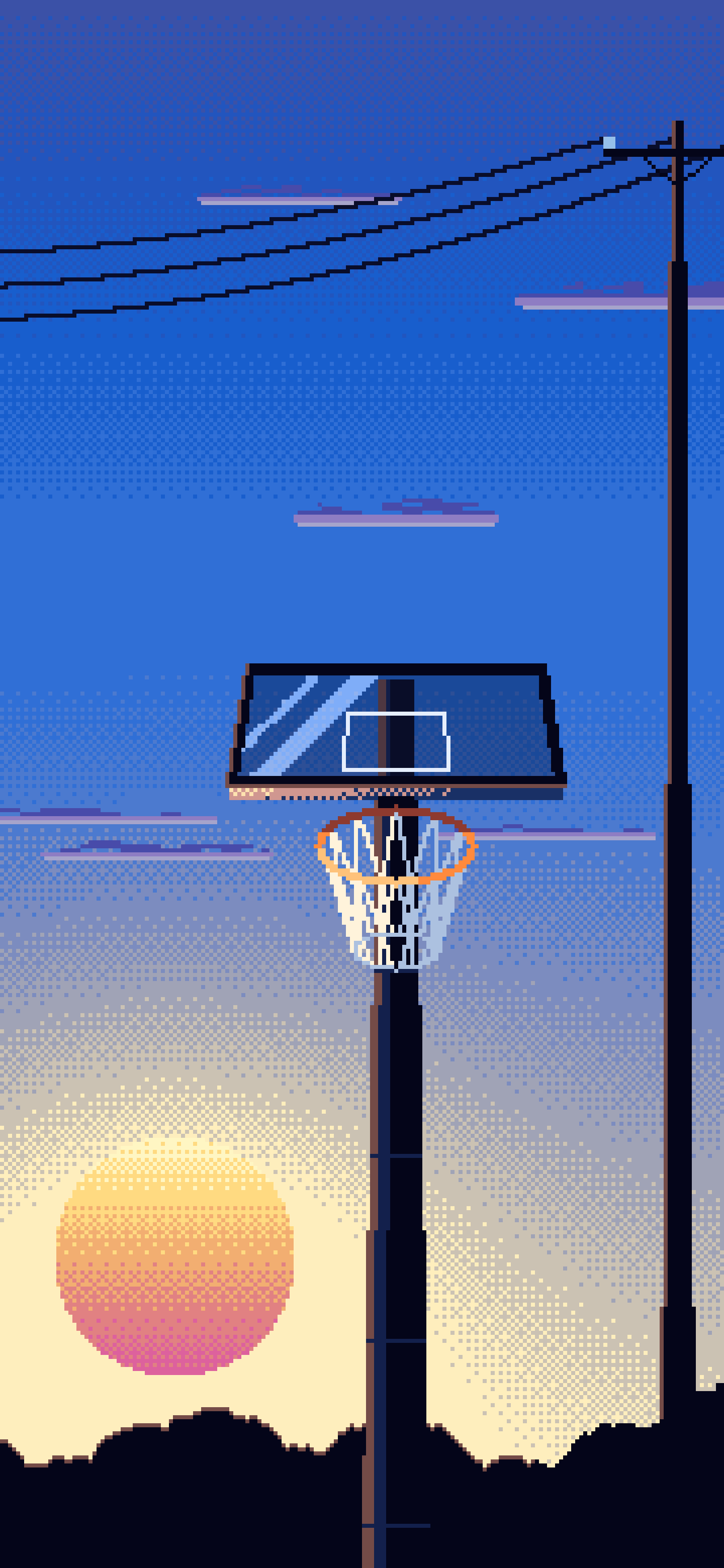 Blue Pixel Art Basketball Hoop at Sunset wallpaper for iPhone and Android