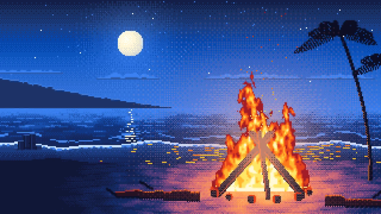 Blue Pixel Art Beach Bonfire at Night desktop wallpaper in 4K