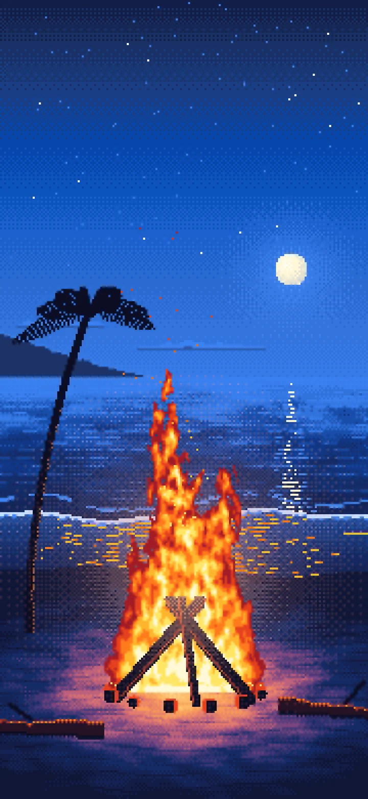 Blue Pixel Art Beach Bonfire at Night wallpaper for iPhone and Android