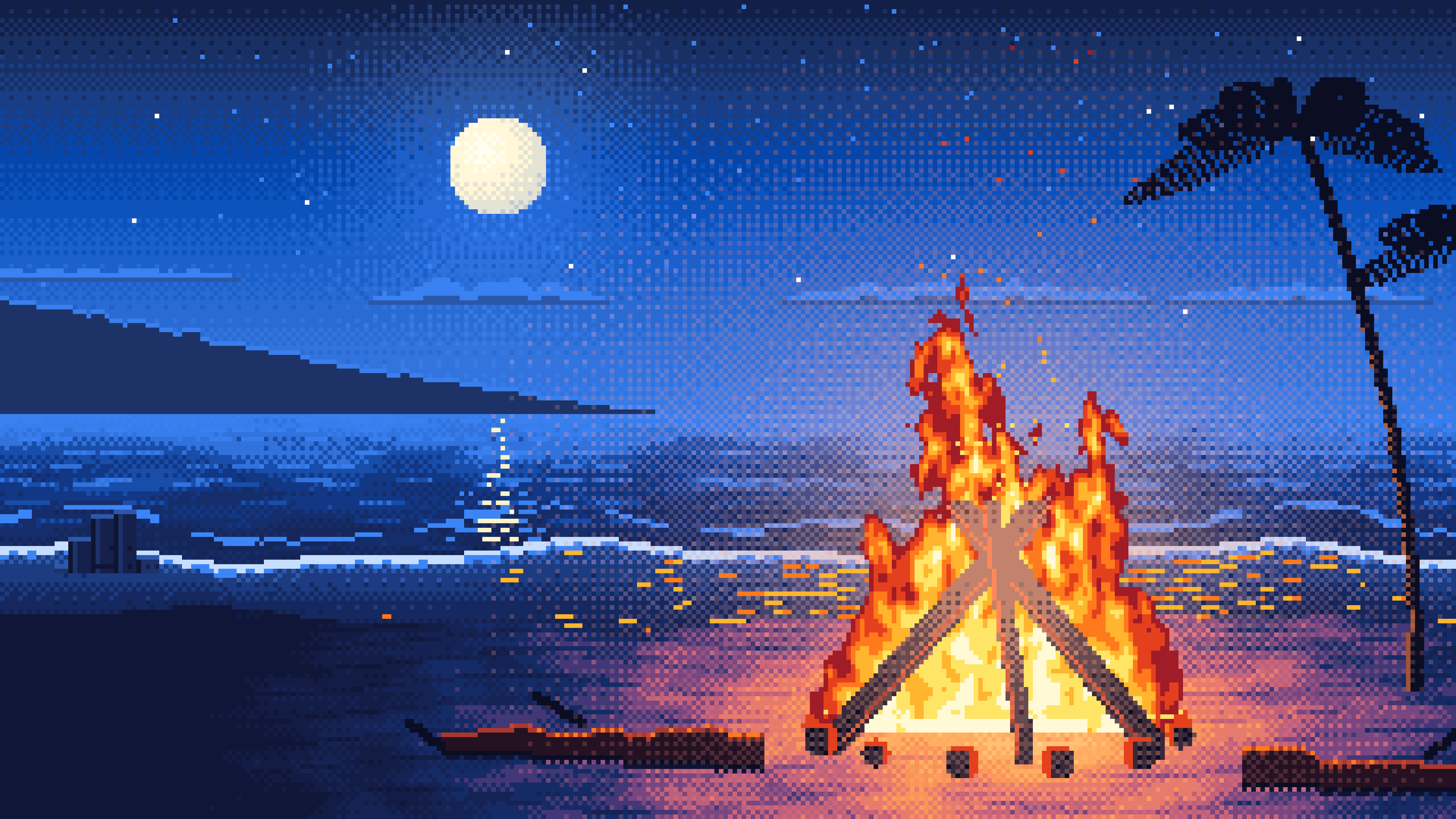 Blue Pixel Art Beach Bonfire at Night desktop wallpaper in 4K