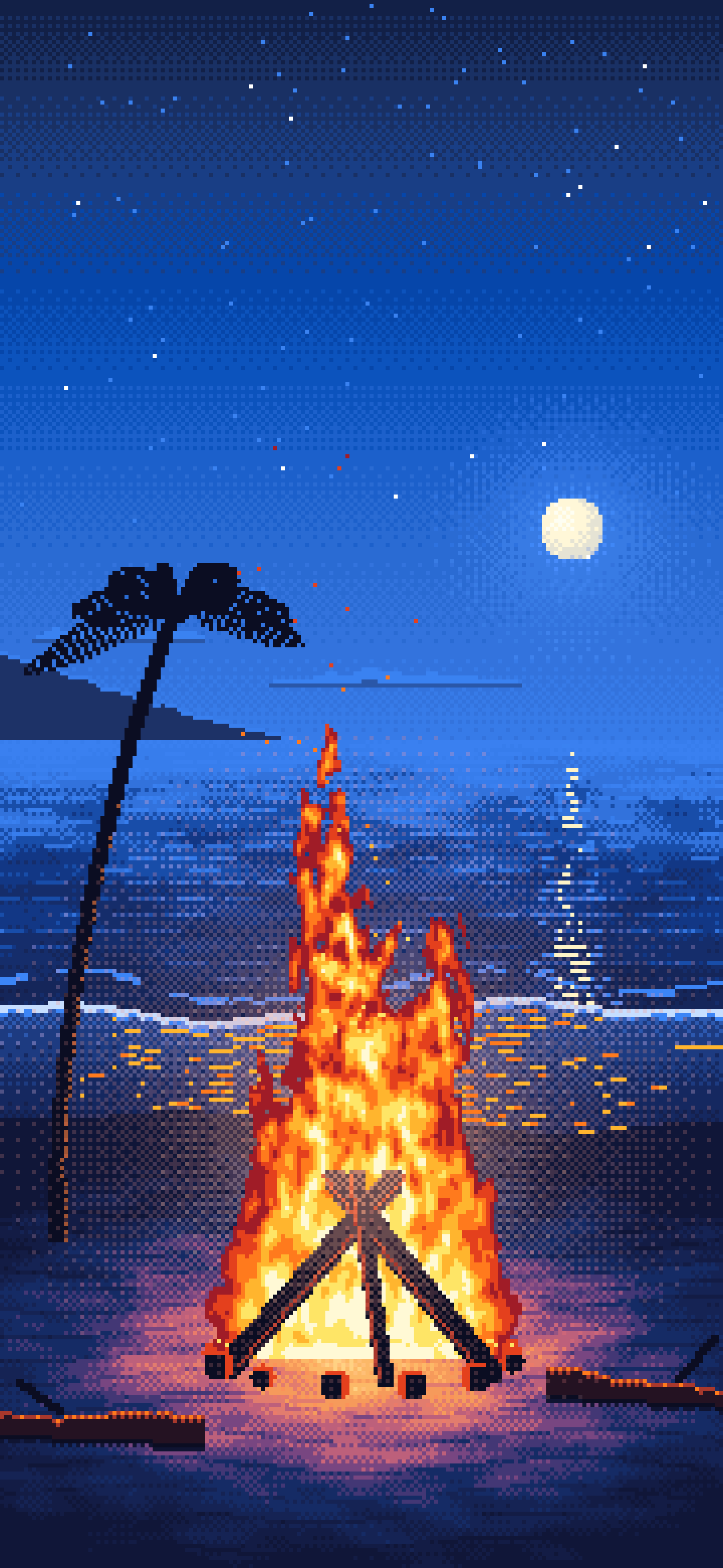 Blue Pixel Art Beach Bonfire at Night wallpaper for iPhone and Android