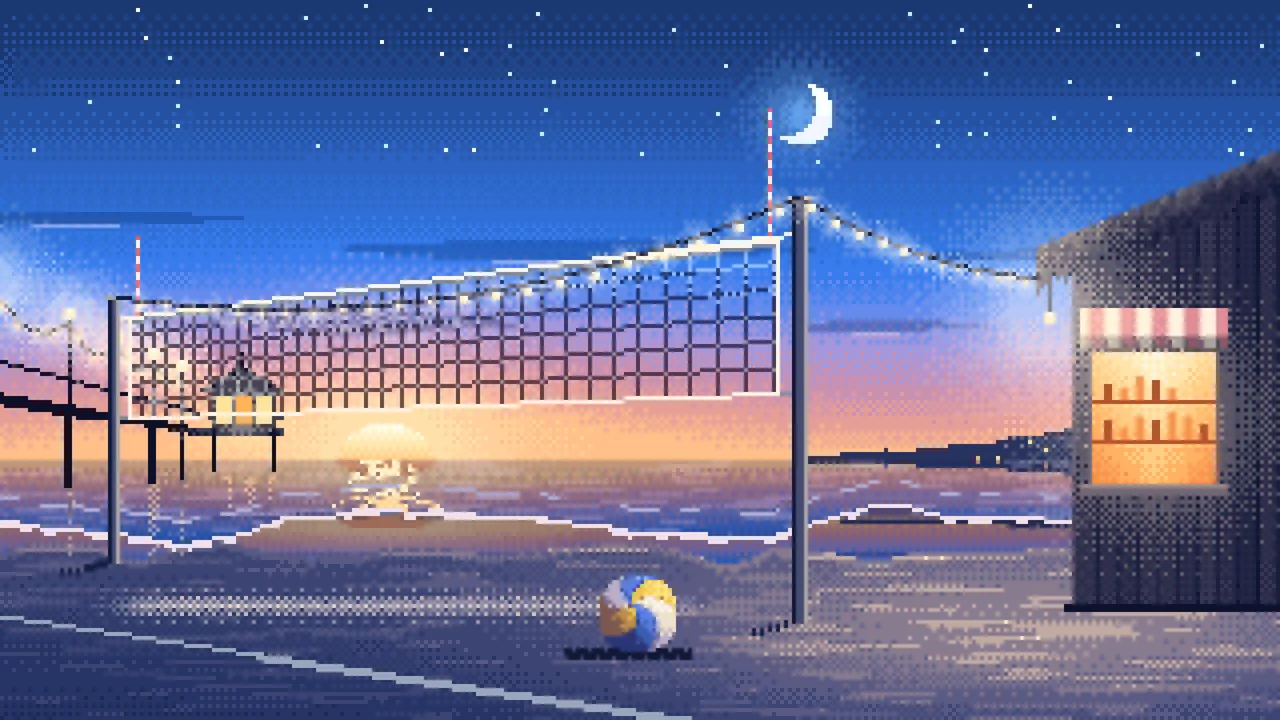 Blue Pixel Art Beach Volleyball by a Pier at Dusk desktop wallpaper in 4K