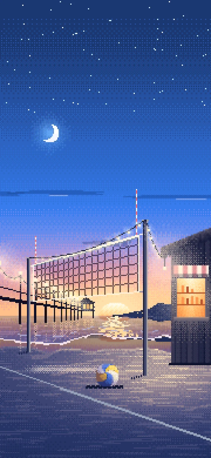 Blue Pixel Art Beach Volleyball by a Pier at Dusk wallpaper for iPhone and Android