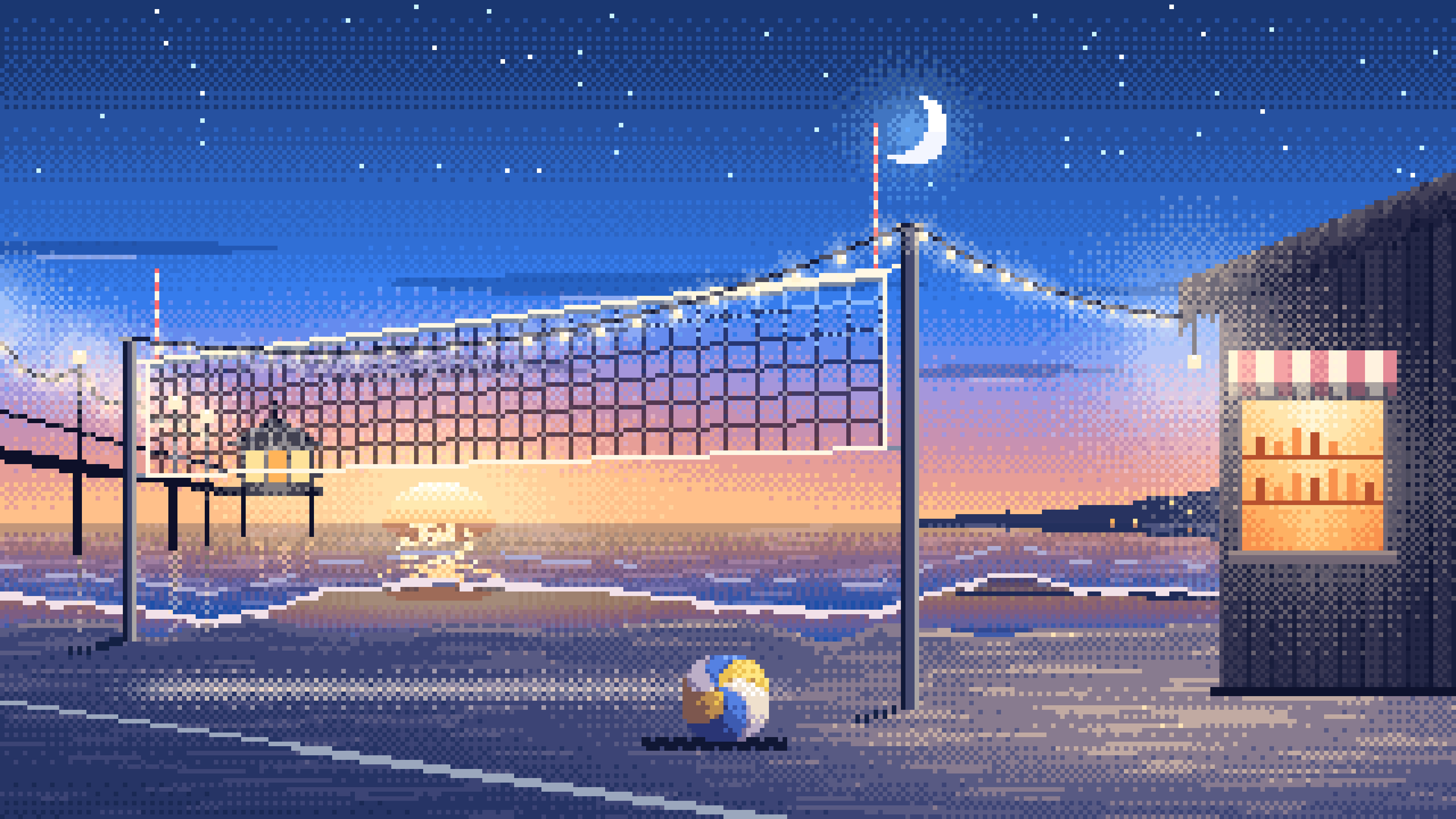 Blue Pixel Art Beach Volleyball by a Pier at Dusk desktop wallpaper in 4K