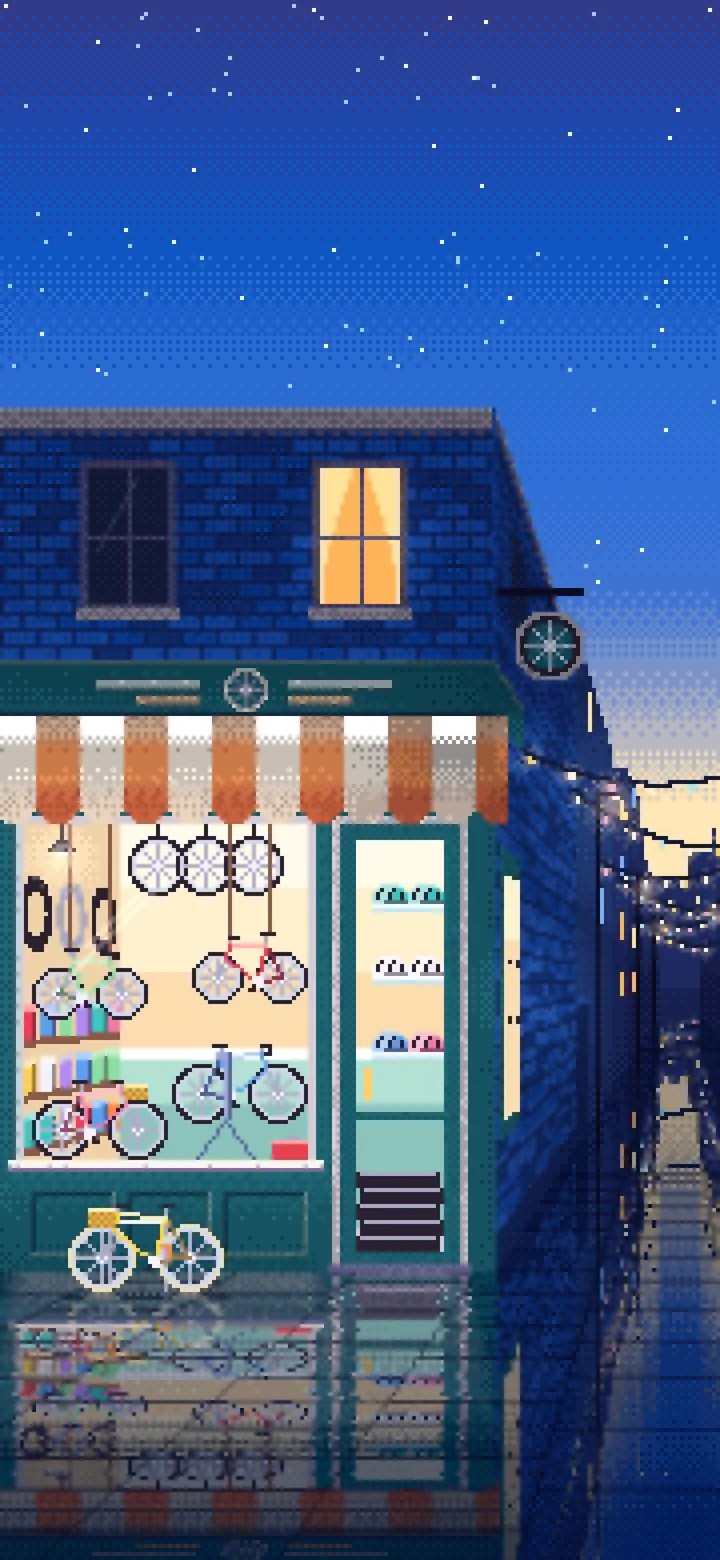 Blue Pixel Art Bicycle Shop wallpaper for iPhone and Android