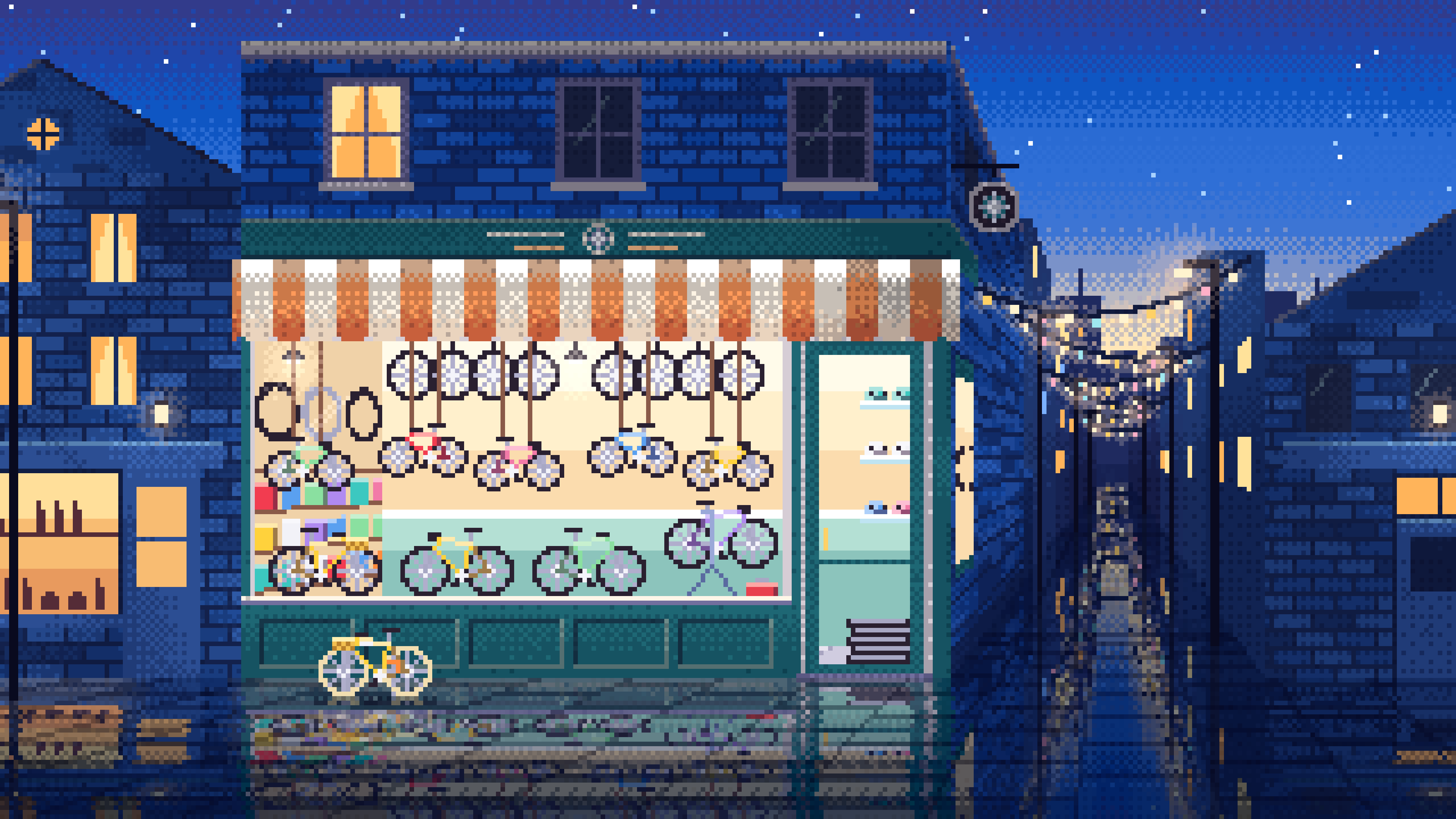 Blue Pixel Art Bicycle Shop desktop wallpaper in 4K