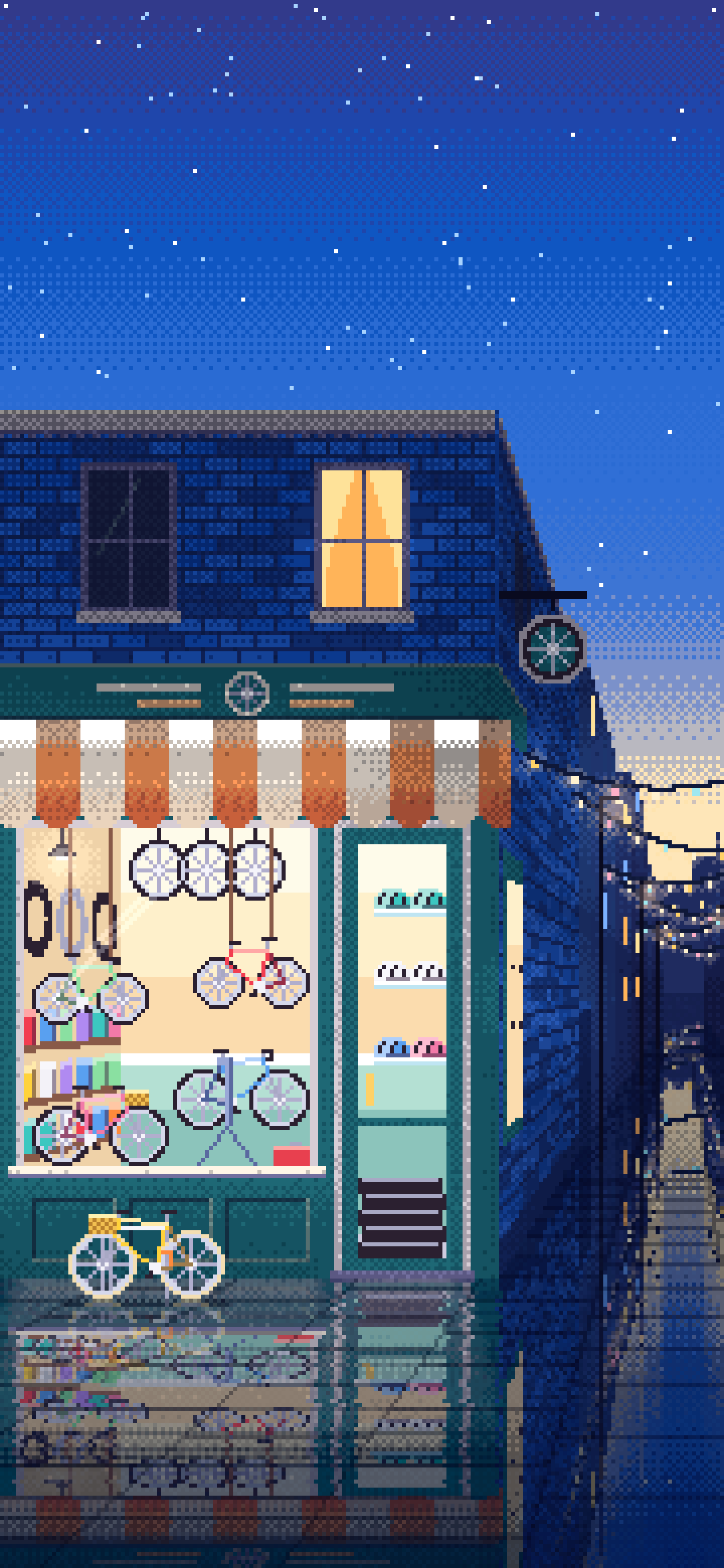 Blue Pixel Art Bicycle Shop wallpaper for iPhone and Android