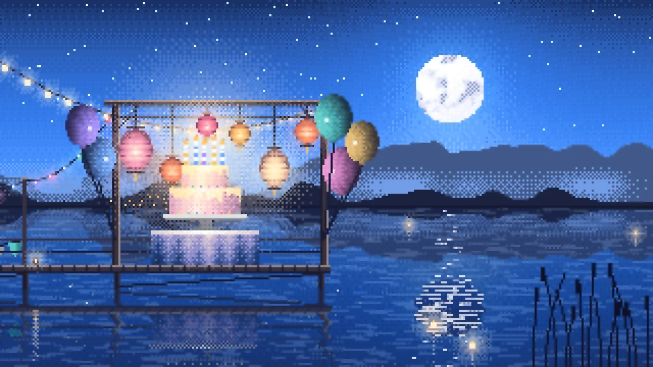 Blue Pixel Art Birthday Party on a Lake desktop wallpaper in 4K