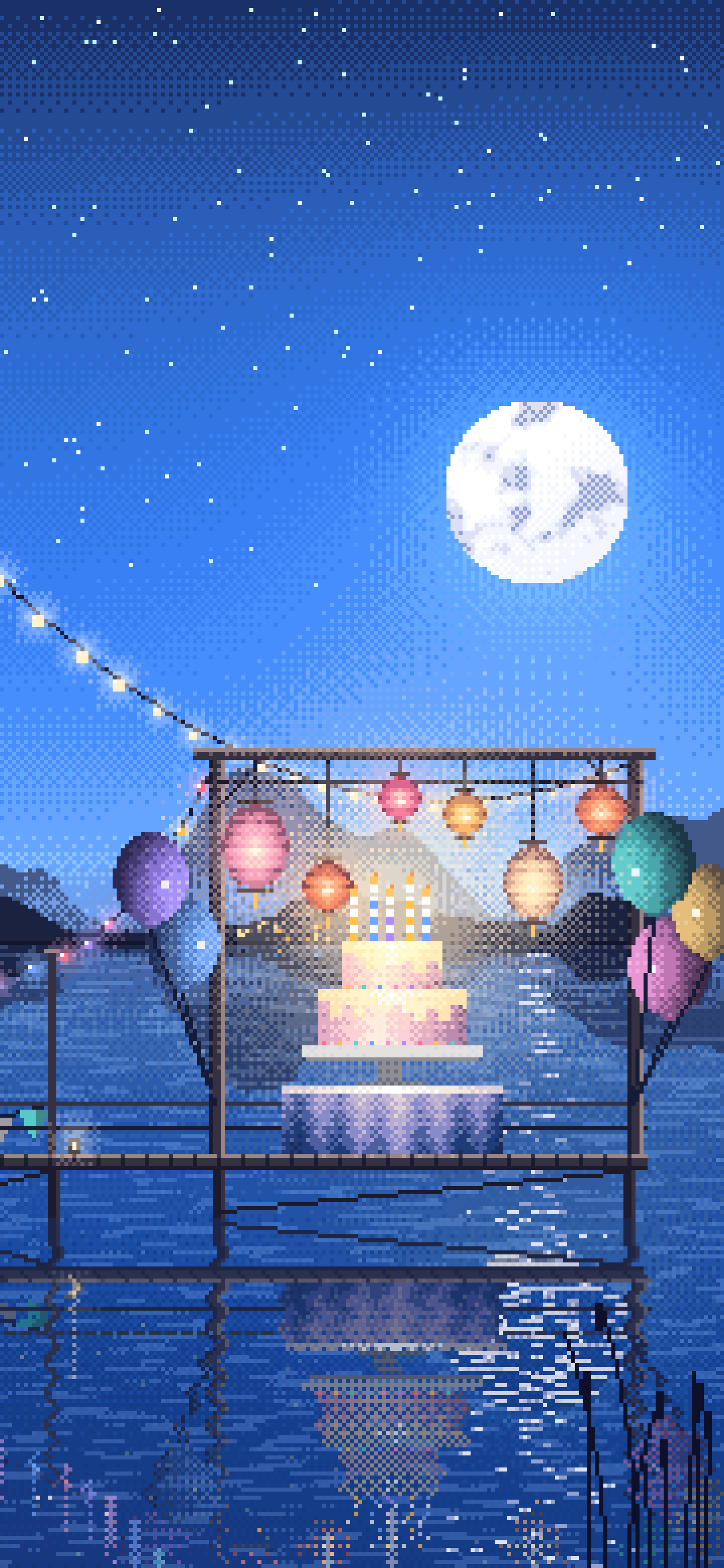Blue Pixel Art Birthday Party on a Lake wallpaper for iPhone and Android