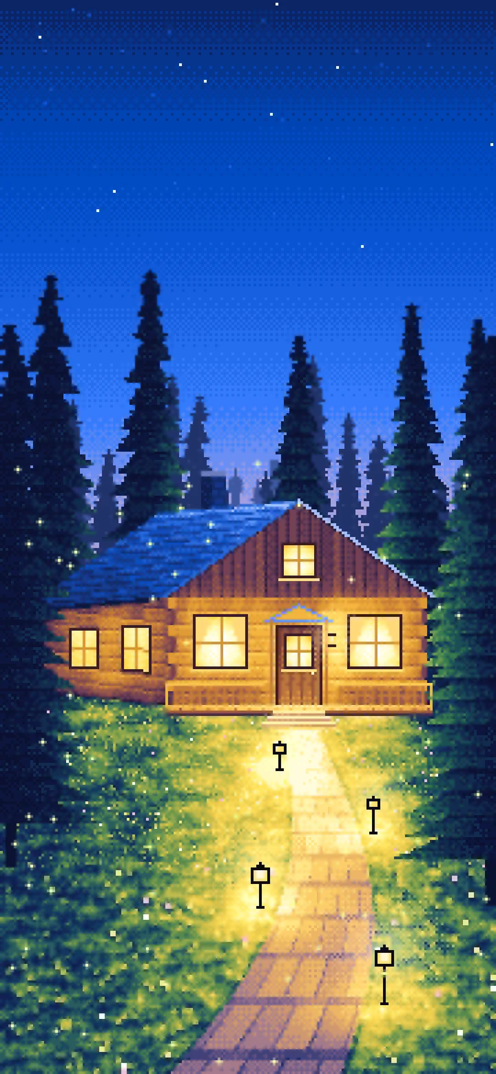 Blue Pixel Art Cabin in the Woods at Dusk wallpaper for iPhone and Android