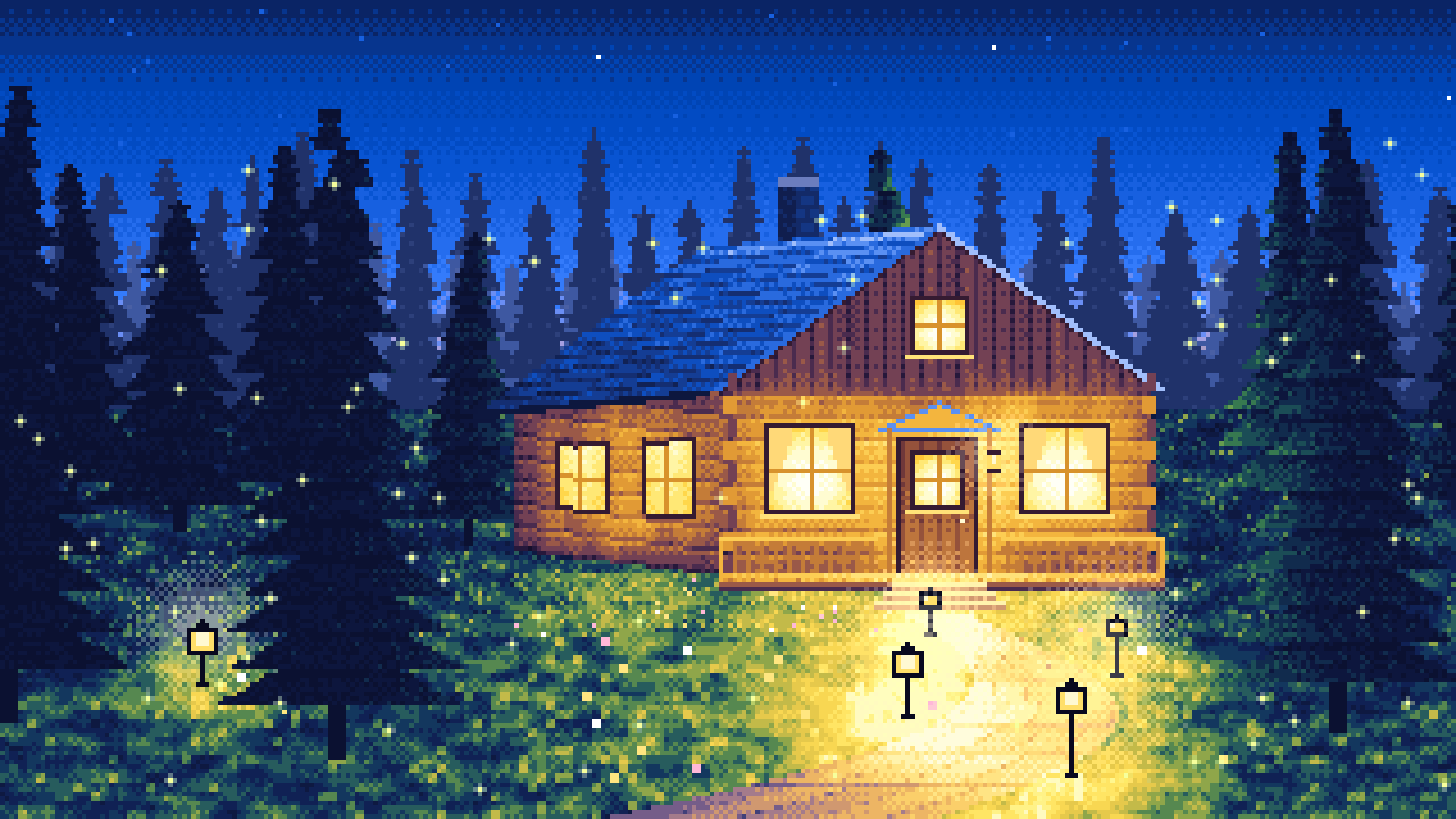 Blue Pixel Art Cabin in the Woods at Dusk desktop wallpaper in 4K