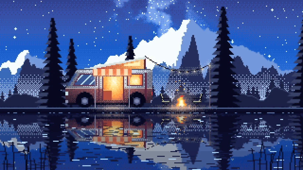 Blue Pixel Art Camper Van Camping by a Lake at Night desktop wallpaper in 4K