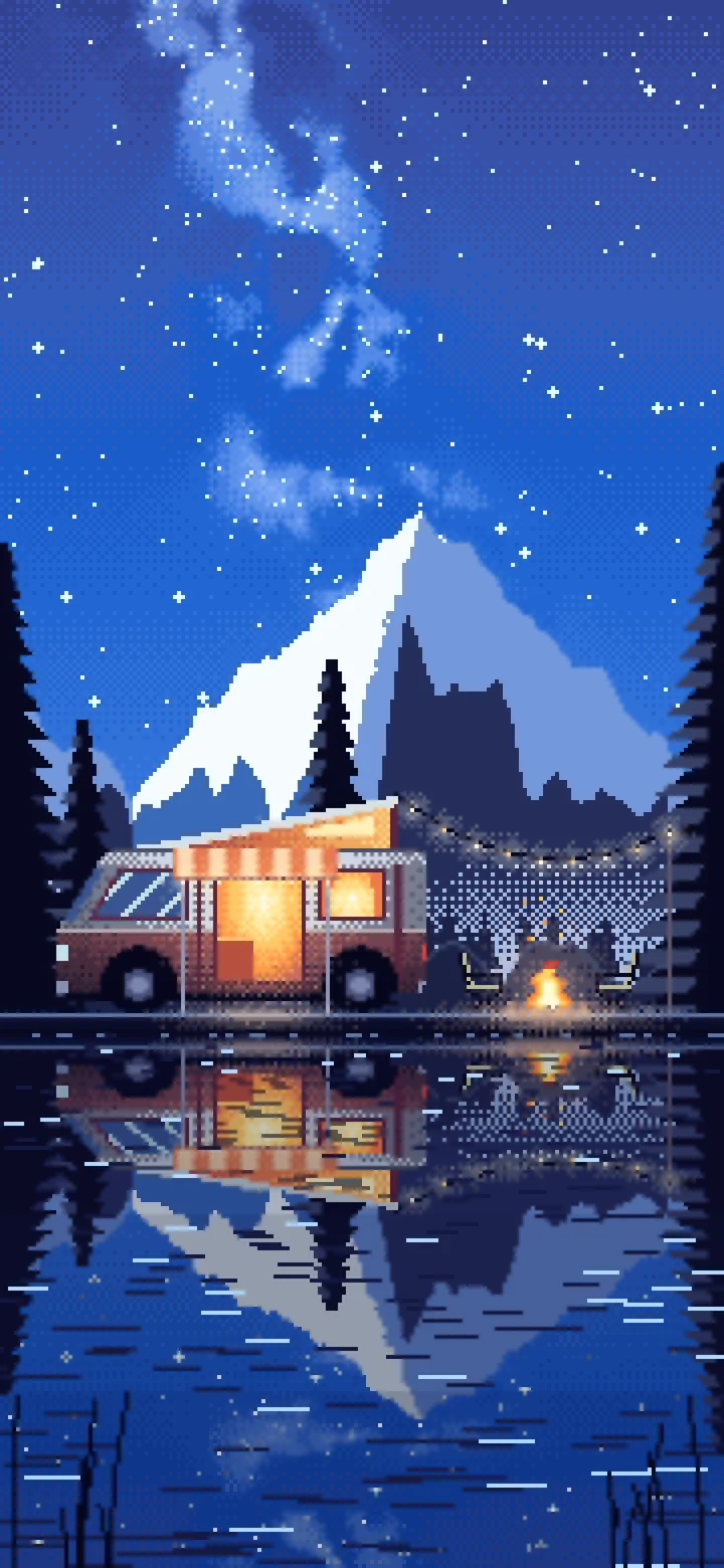 Blue Pixel Art Camper Van Camping by a Lake at Night wallpaper for iPhone and Android