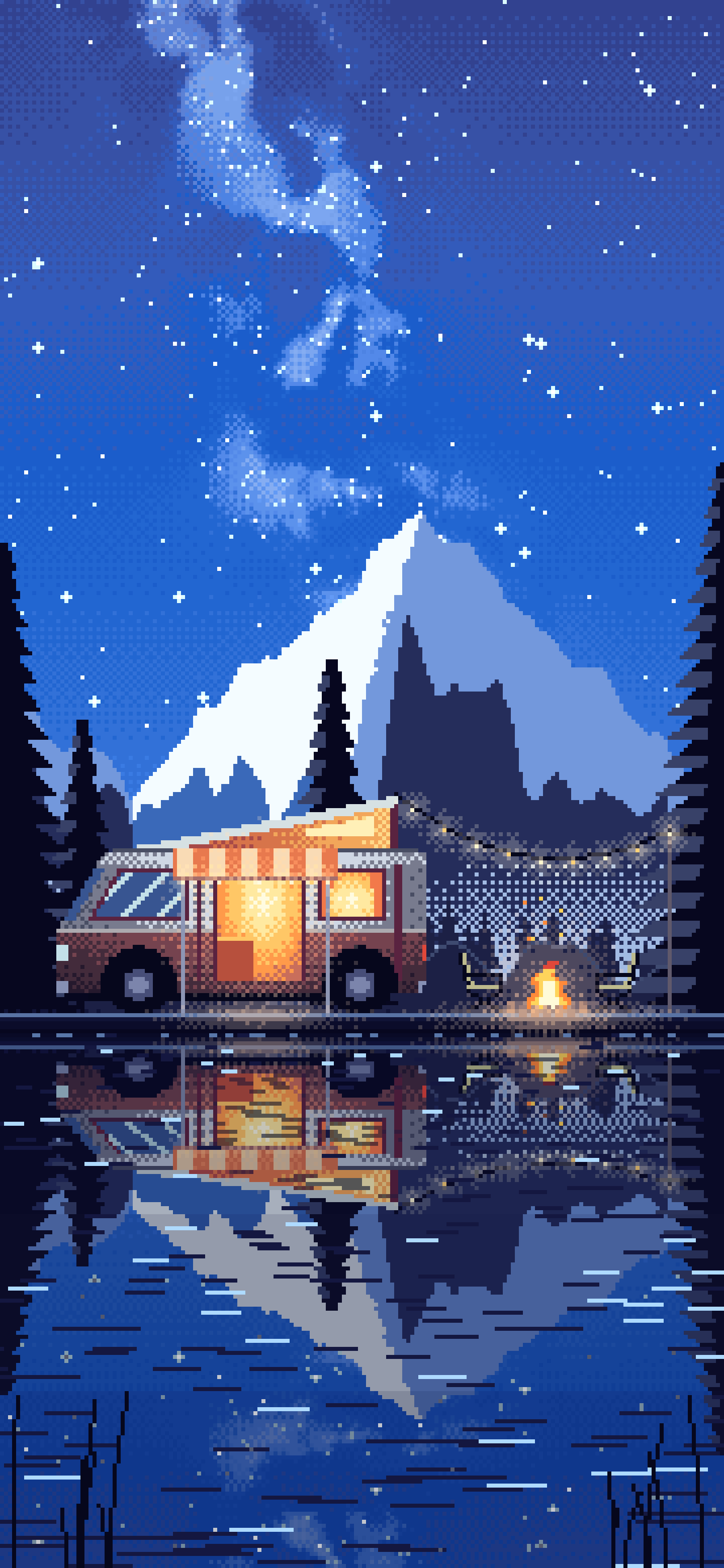 Blue Pixel Art Camper Van Camping by a Lake at Night wallpaper for iPhone and Android