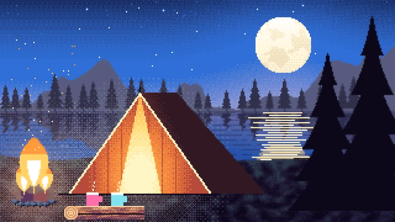 Blue Pixel Art Campfire desktop wallpaper in 4K