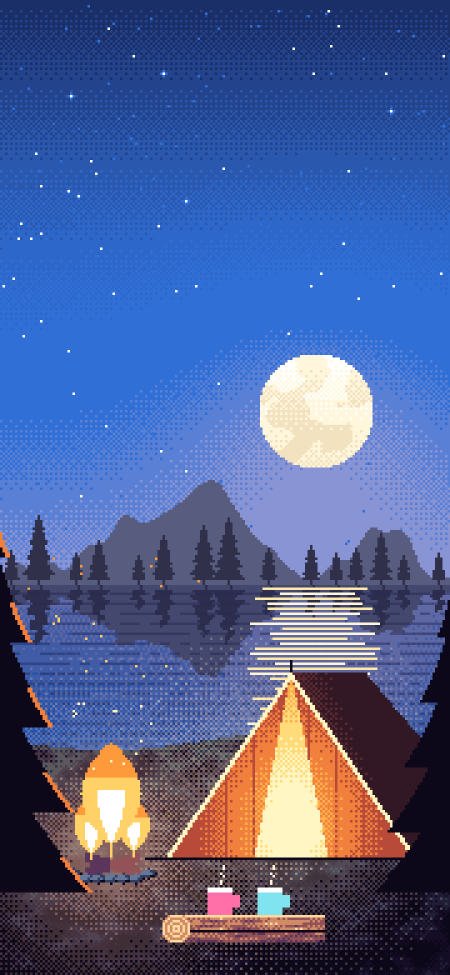 Blue Pixel Art Campfire wallpaper for iPhone and Android