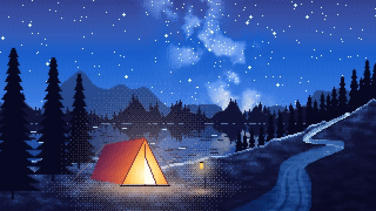 Blue Pixel Art Camping Tent by a Lake desktop wallpaper in 4K