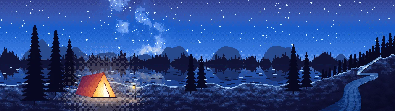 Blue Pixel Art Camping Tent by a Lake dual monitor wallpaper, 7680 × 2160