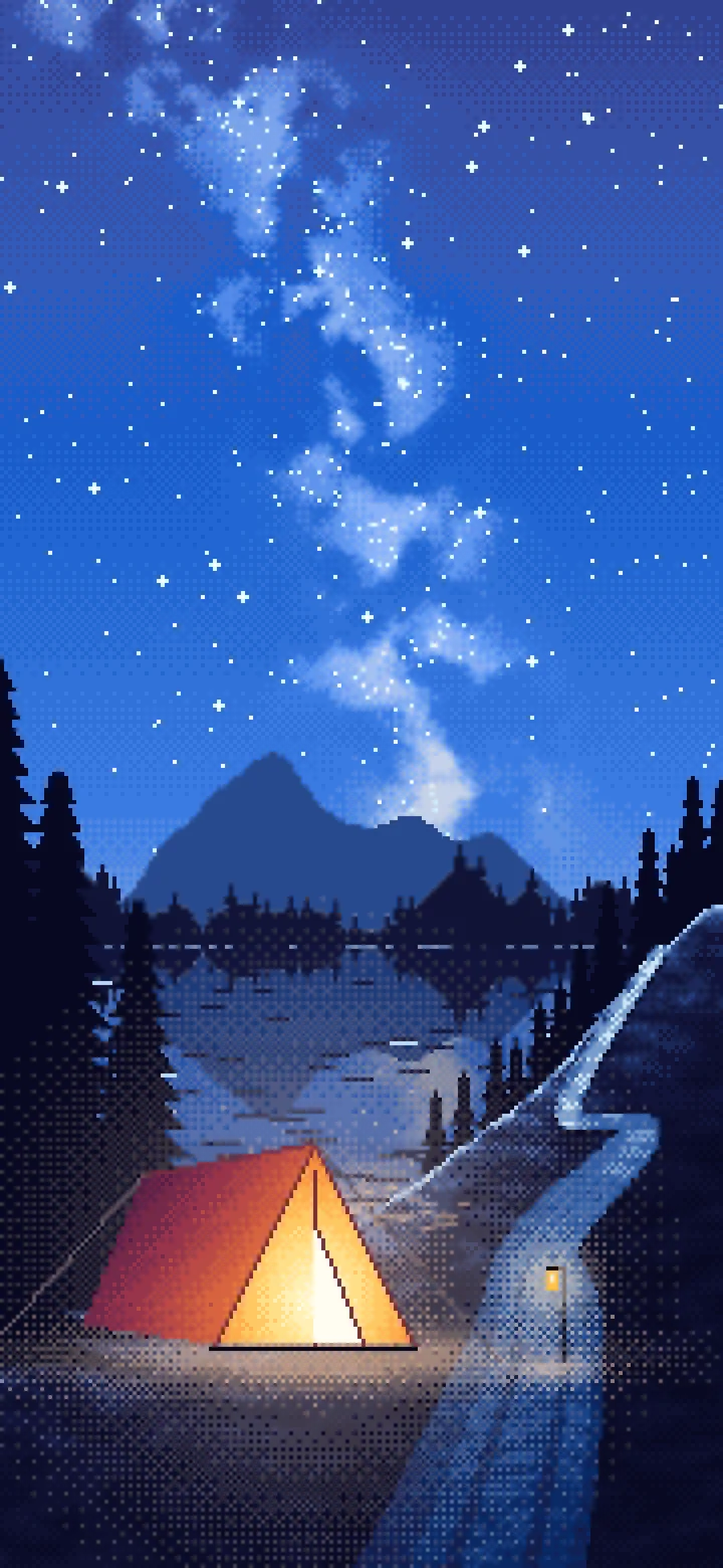 Blue Pixel Art Camping Tent by a Lake wallpaper for iPhone and Android