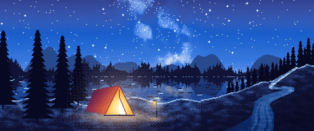 Blue Pixel Art Camping Tent by a Lake ultrawide wallpaper, 3440 × 1440