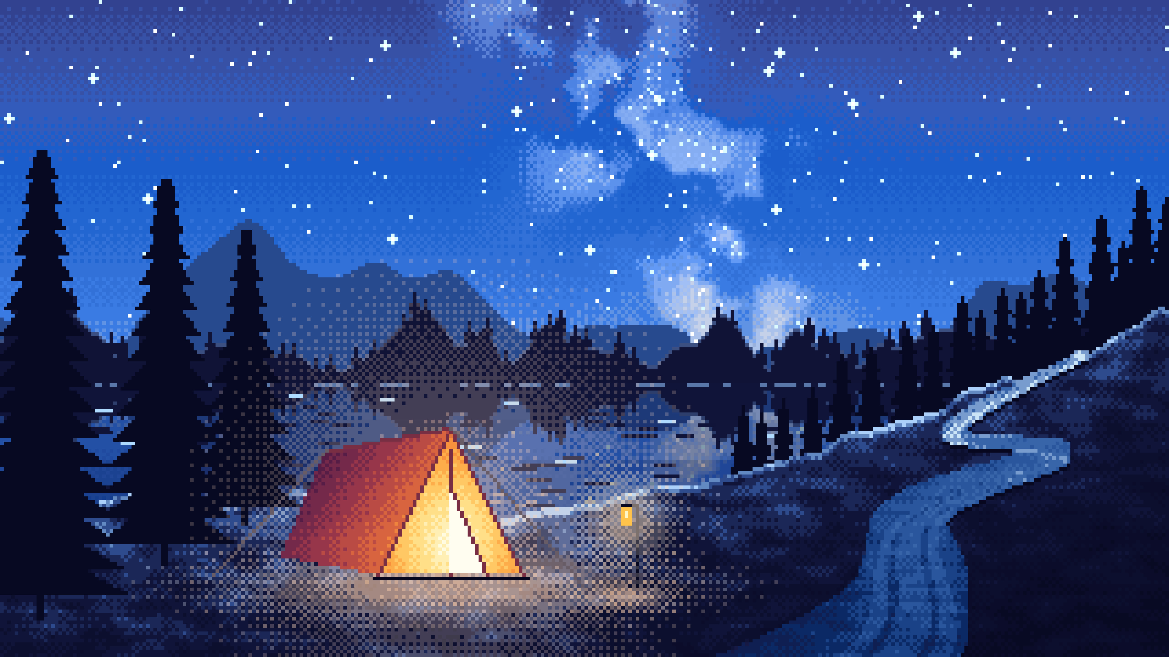 Blue Pixel Art Camping Tent by a Lake desktop wallpaper in 4K