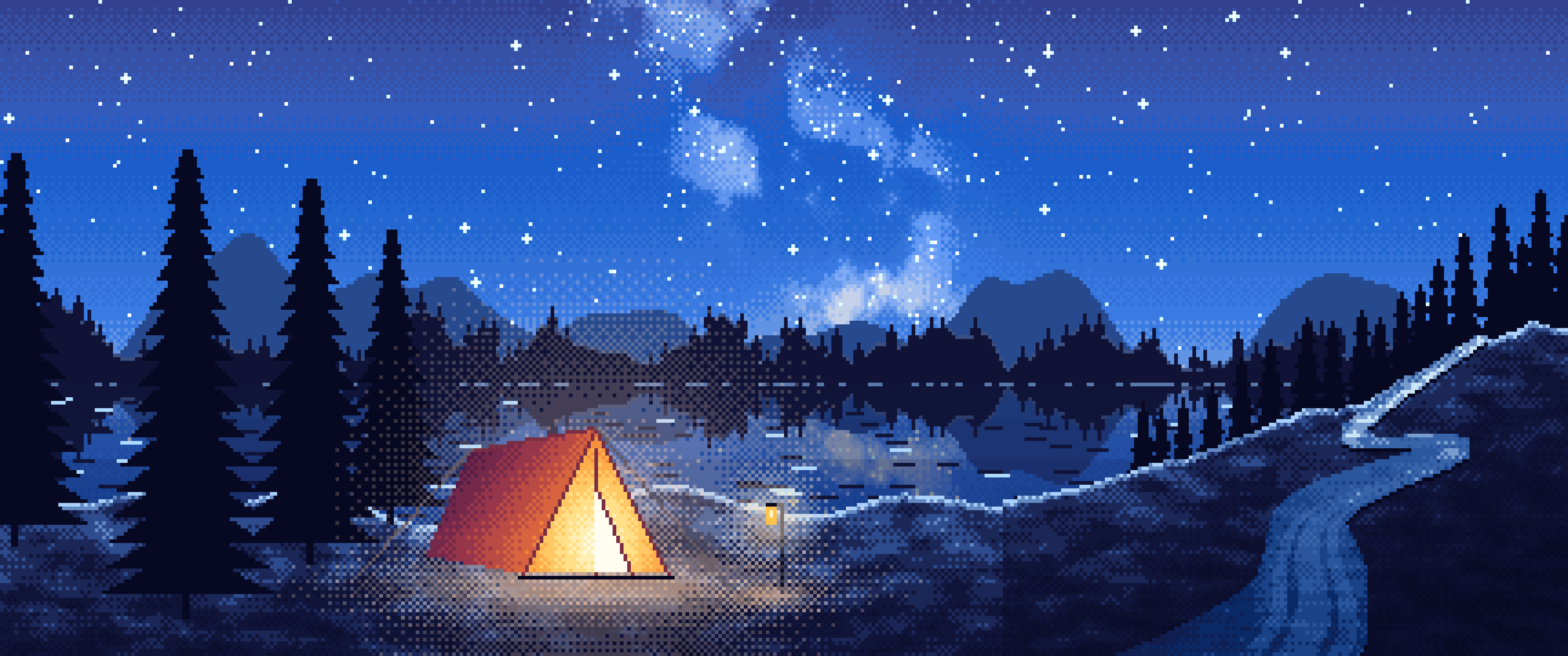 Blue Pixel Art Camping Tent by a Lake ultrawide wallpaper, 3440 × 1440