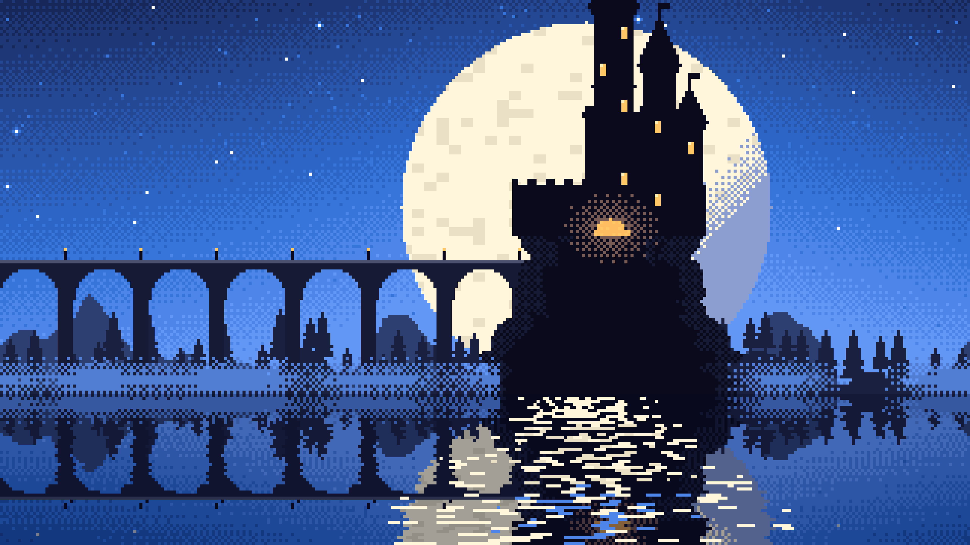 Blue Pixel Art Castle desktop wallpaper in 4K