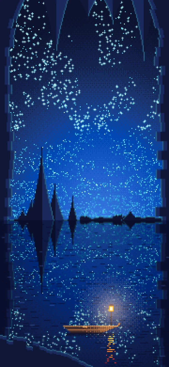 Blue Pixel Art Cave Lake wallpaper for iPhone and Android