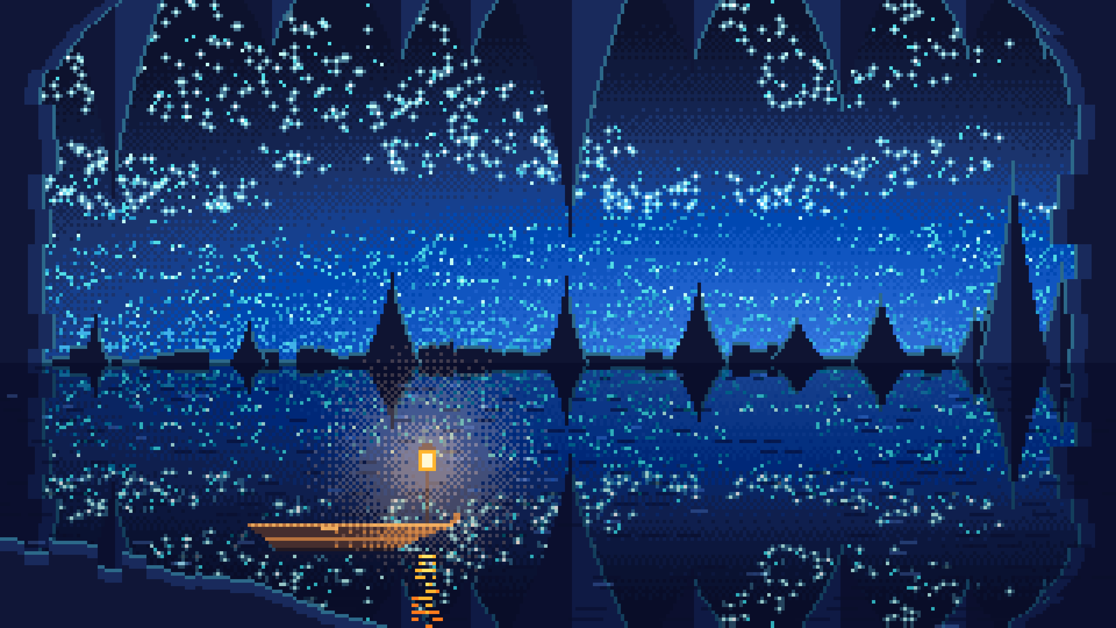 Blue Pixel Art Cave Lake desktop wallpaper in 4K