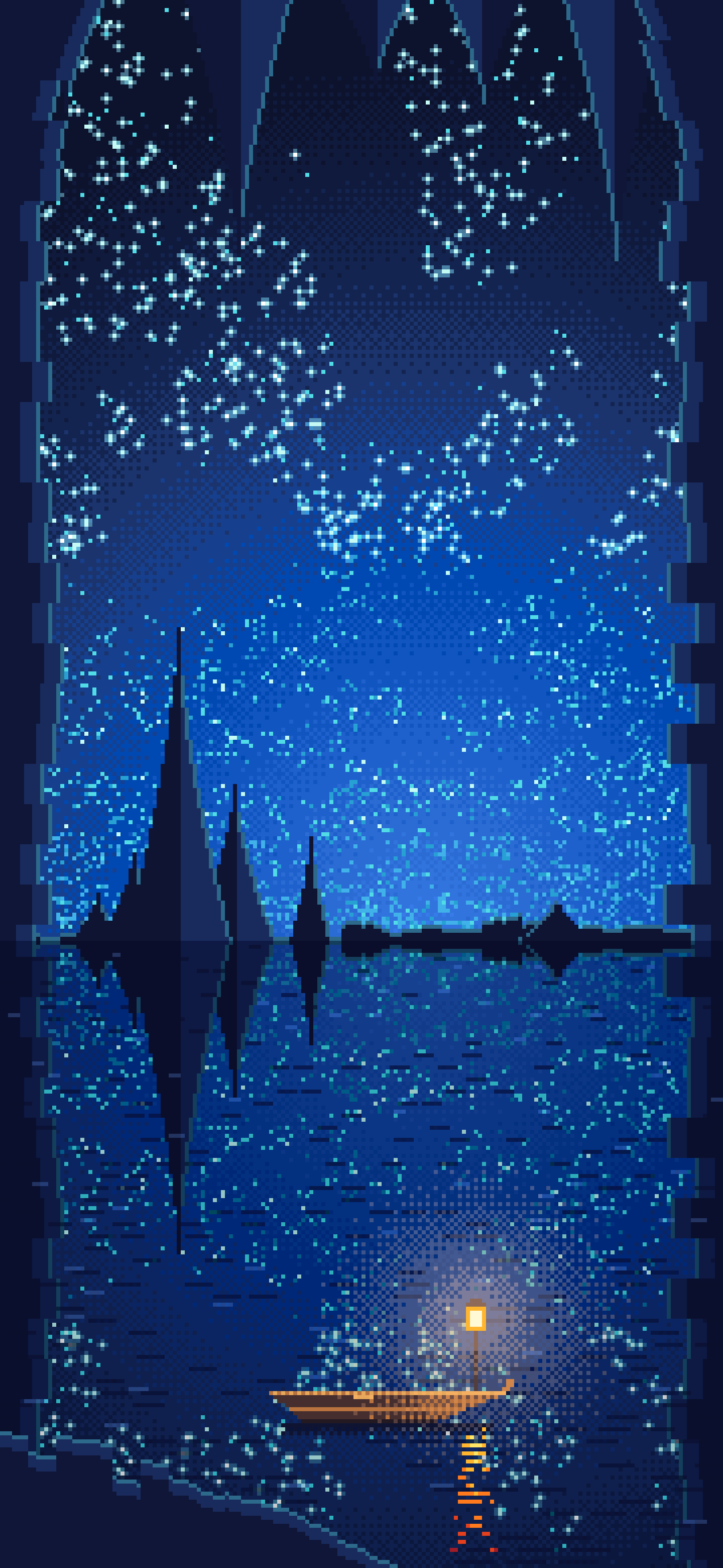 Blue Pixel Art Cave Lake wallpaper for iPhone and Android