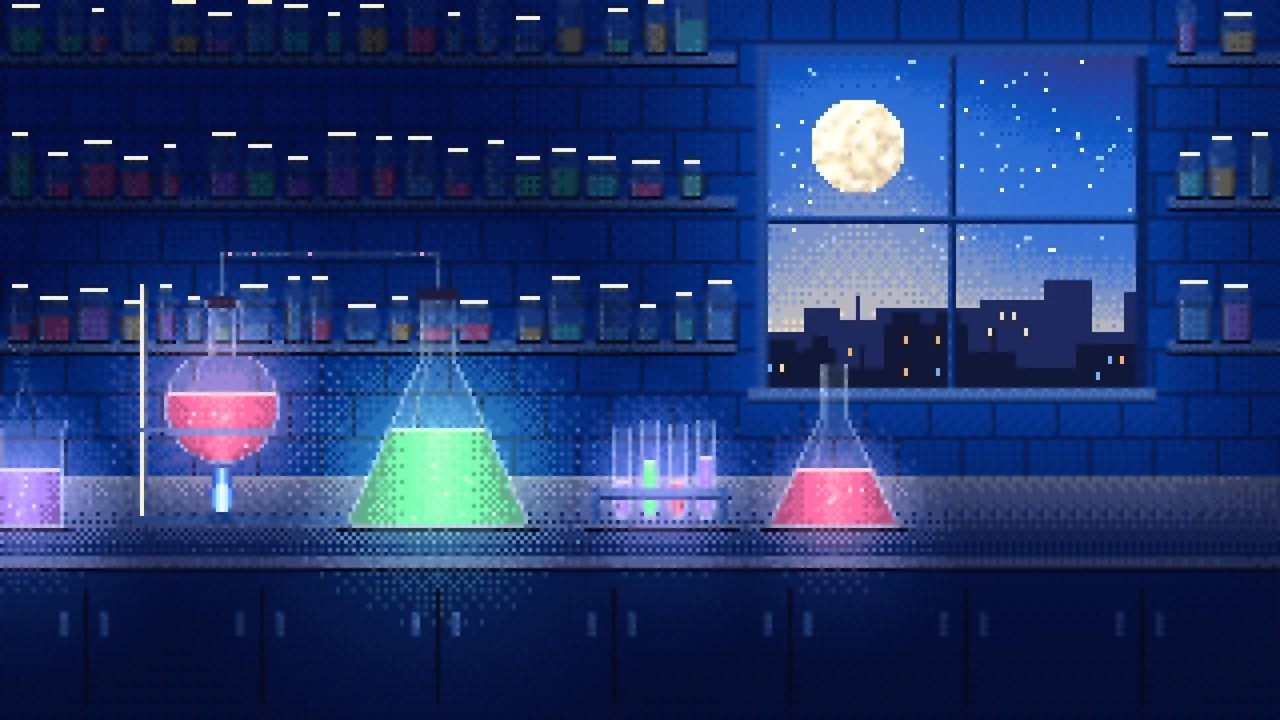 Blue Pixel Art Chemistry Lab desktop wallpaper in 4K