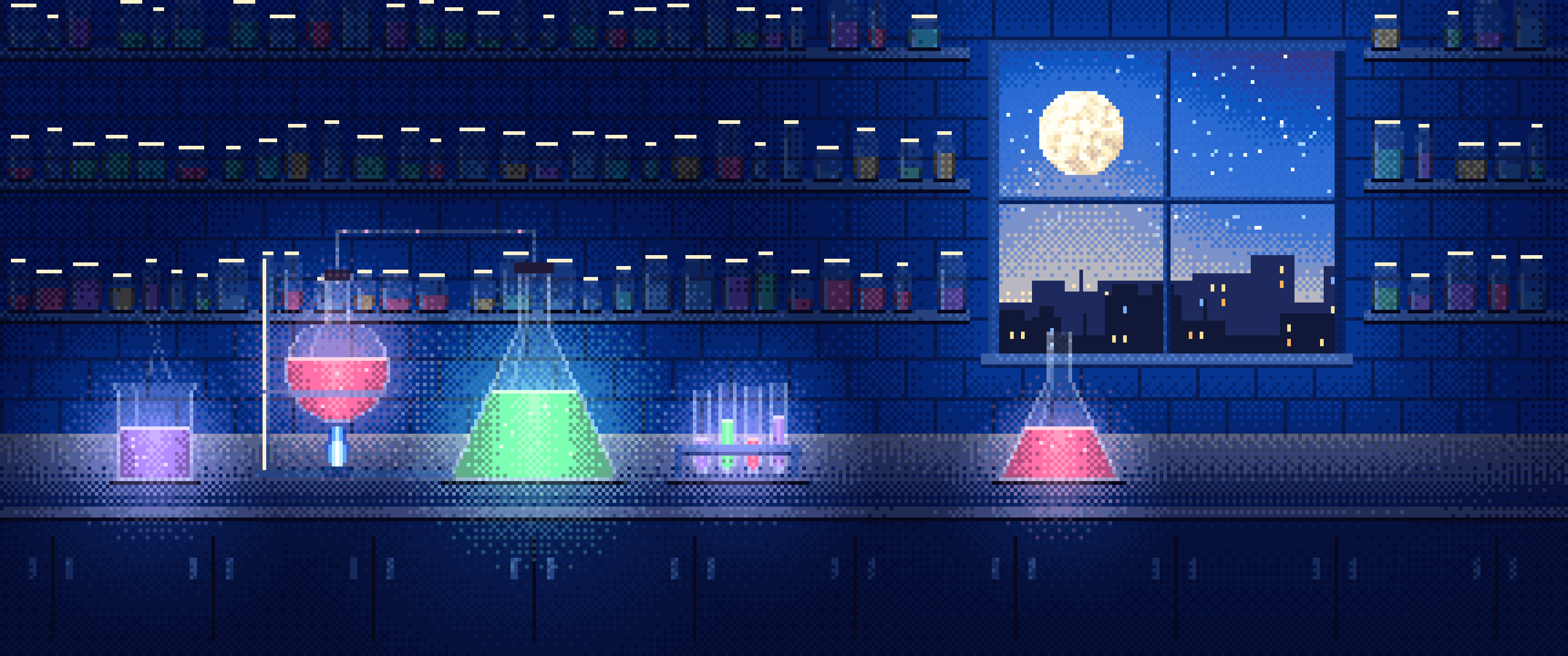 Blue Pixel Art Chemistry Lab ultrawide wallpaper, 3440 × 1440