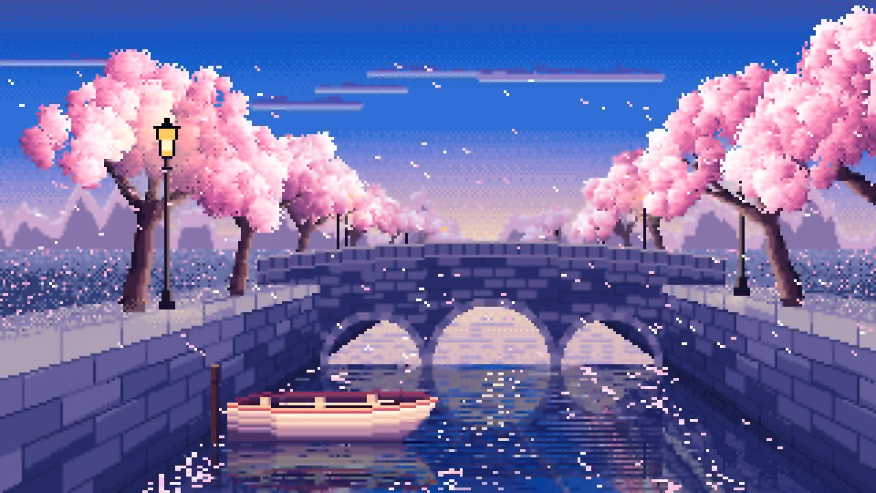 Blue Pixel Art Cherry Blossom Canal at Dusk desktop wallpaper in 4K