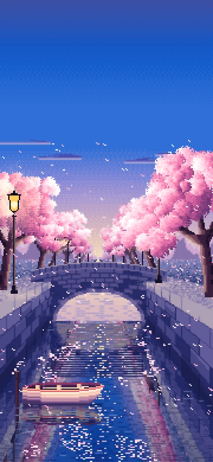 Blue Pixel Art Cherry Blossom Canal at Dusk wallpaper for iPhone and Android