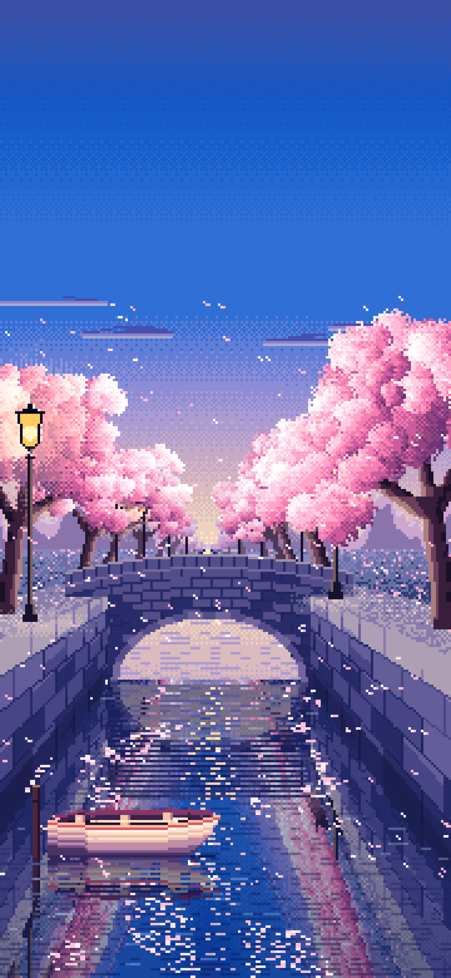 Blue Pixel Art Cherry Blossom Canal at Dusk wallpaper for iPhone and Android