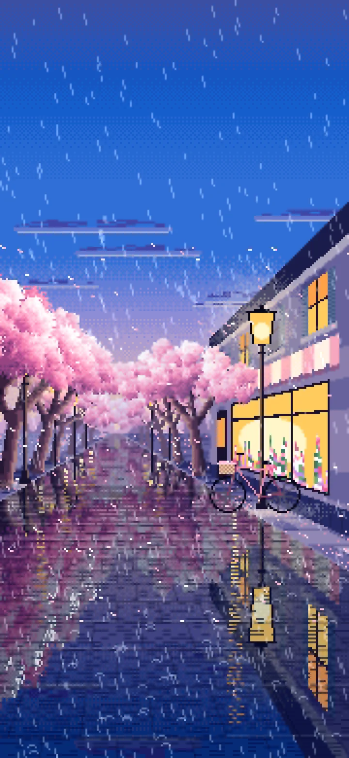 Blue Pixel Art Cherry Blossom Street in the Rain wallpaper for iPhone and Android