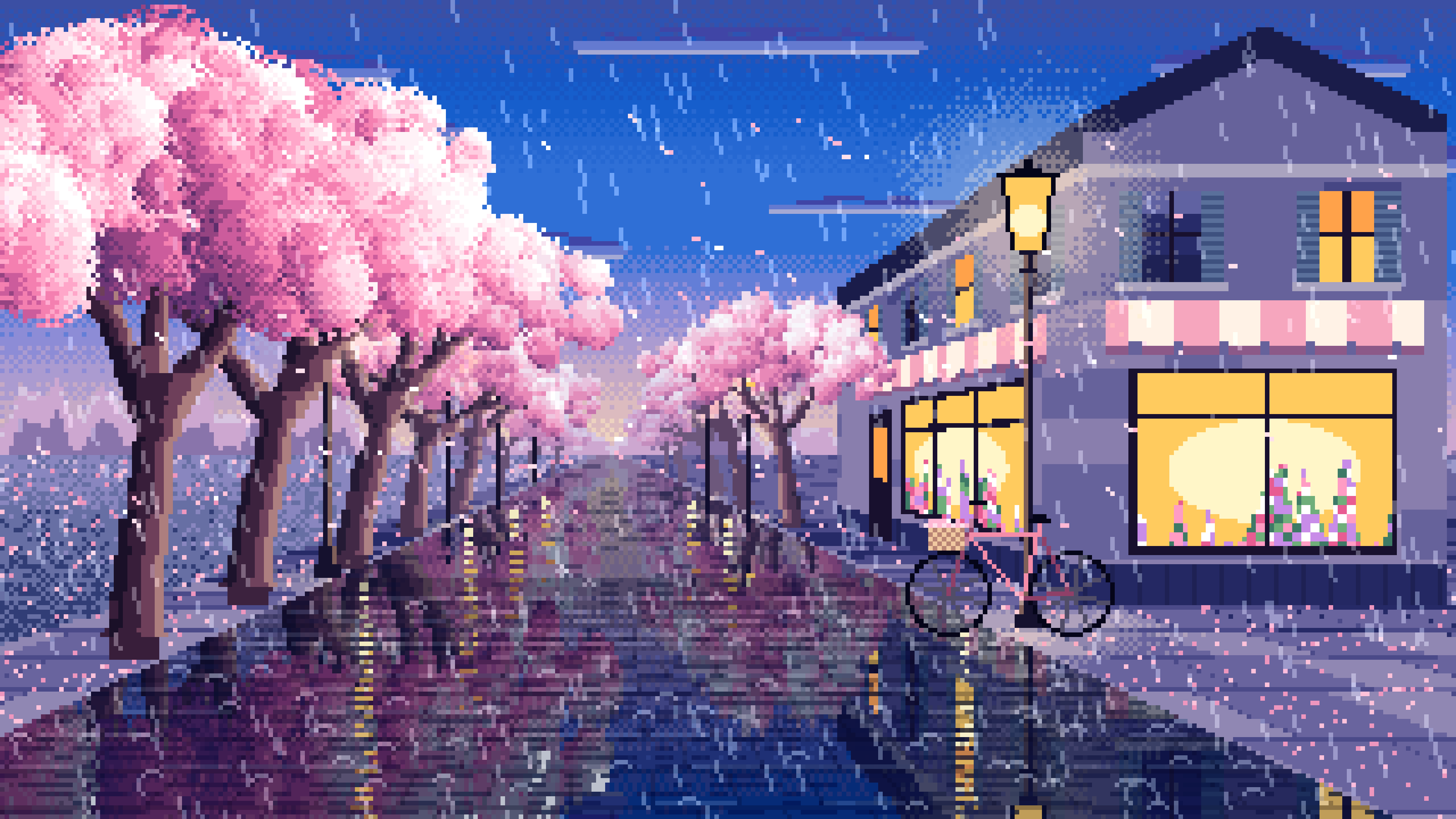 Blue Pixel Art Cherry Blossom Street in the Rain desktop wallpaper in 4K
