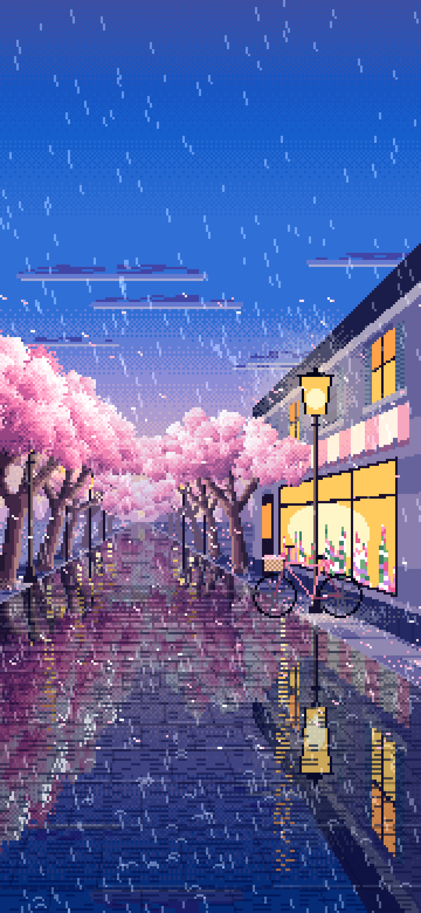 Blue Pixel Art Cherry Blossom Street in the Rain wallpaper for iPhone and Android