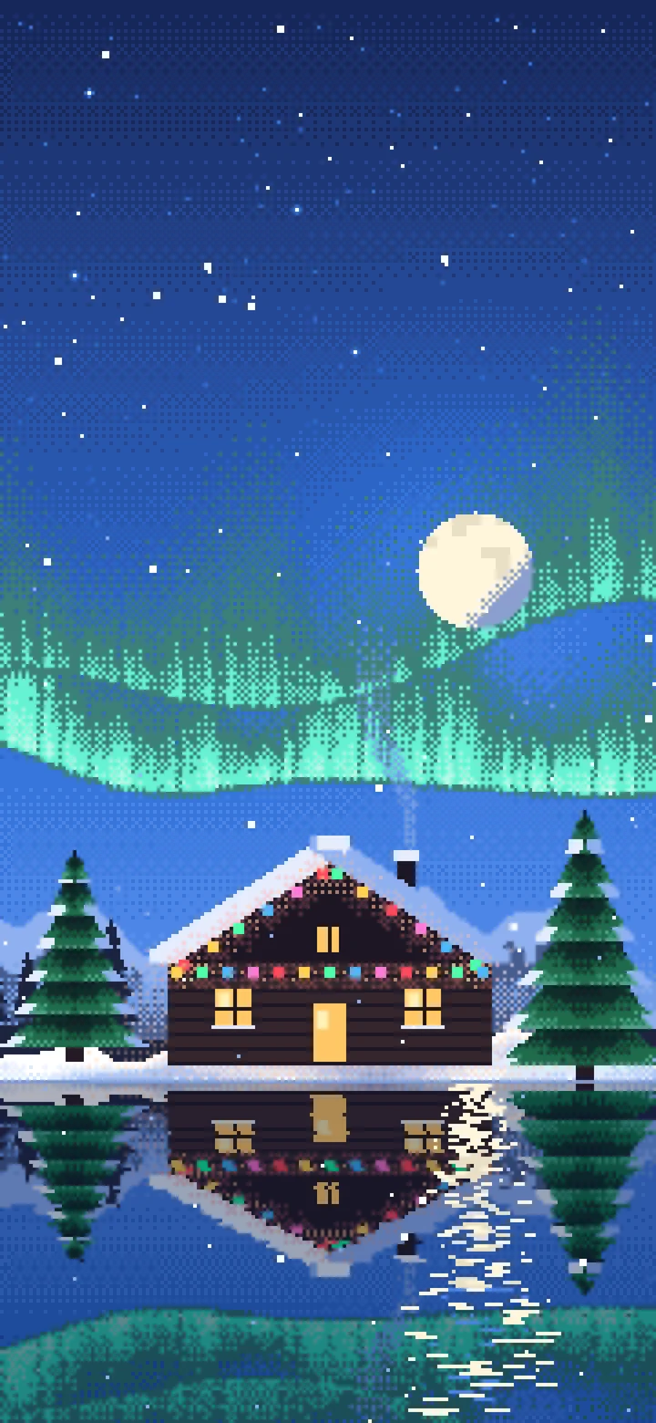 Blue Pixel Art Christmas Cabin wallpaper for iPhone and Android