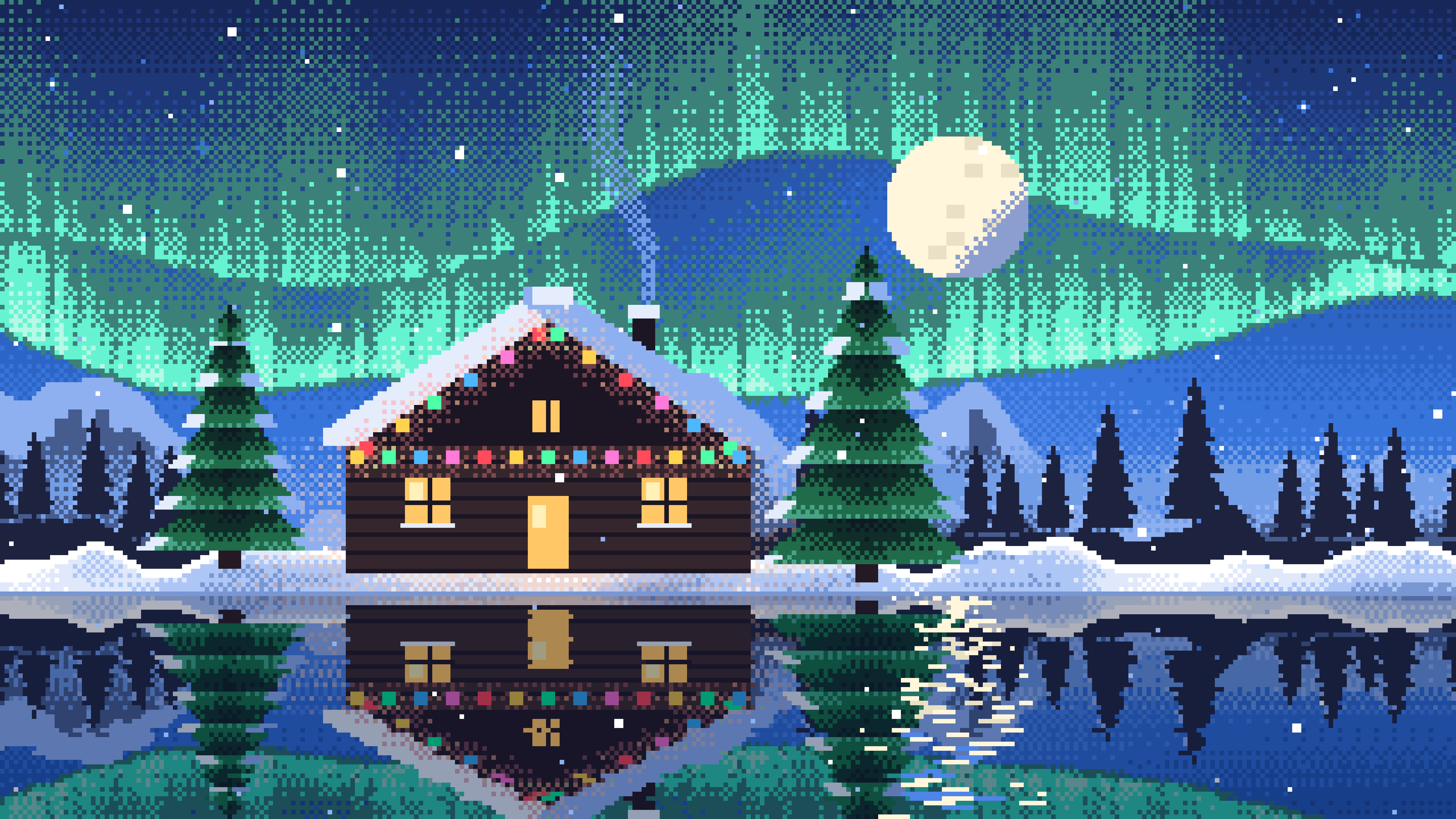 Blue Pixel Art Christmas Cabin desktop wallpaper in 4K