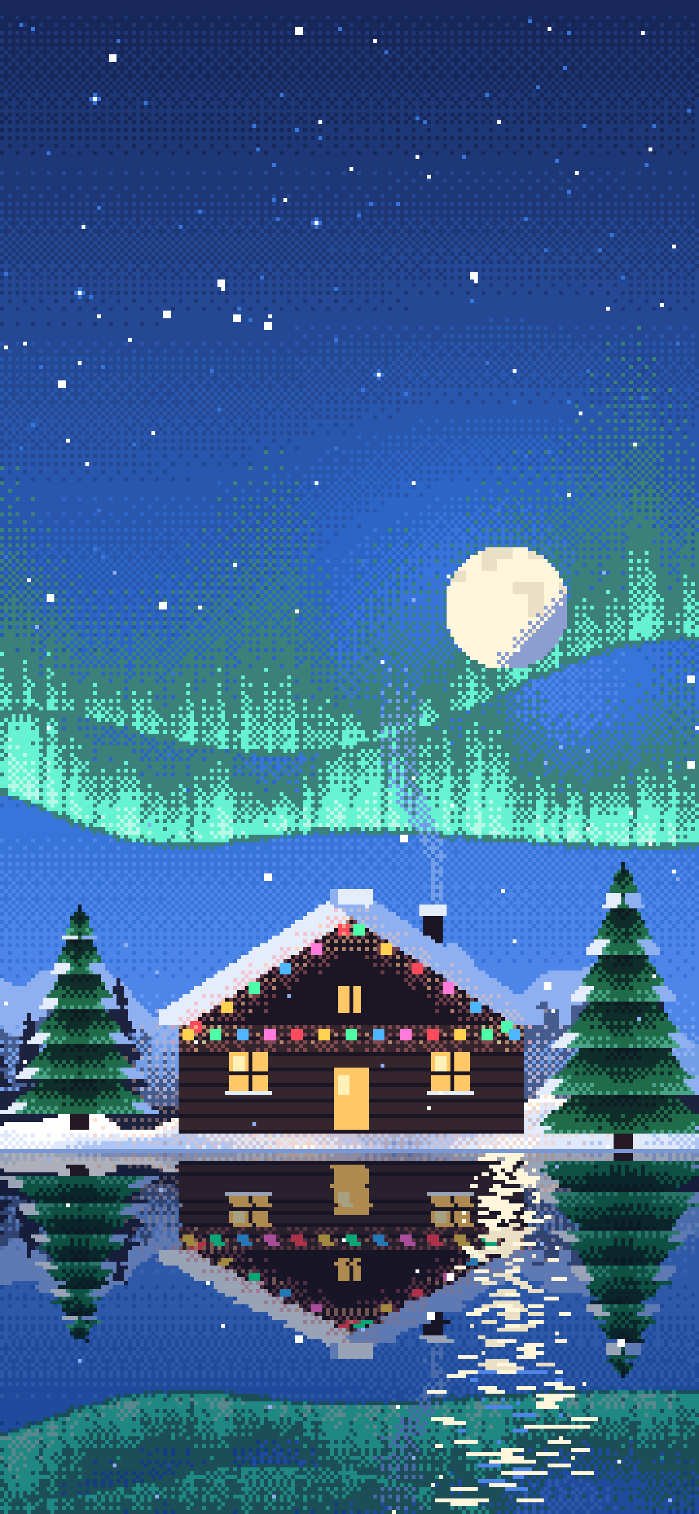 Blue Pixel Art Christmas Cabin wallpaper for iPhone and Android