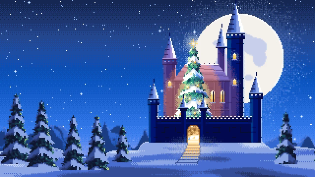 Blue Pixel Art Christmas Castle in the Snow desktop wallpaper in 4K