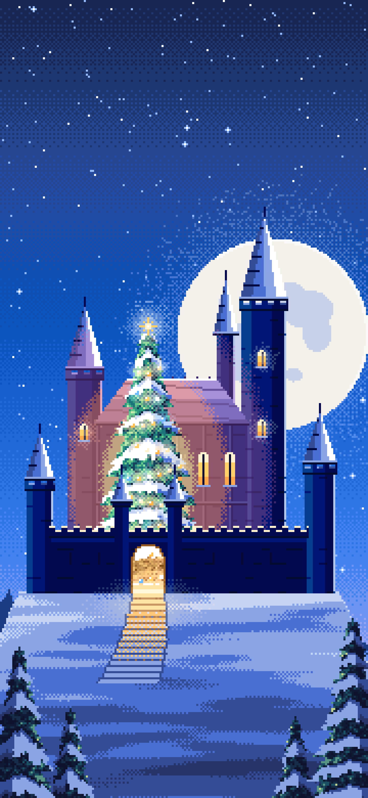 Blue Pixel Art Christmas Castle in the Snow wallpaper for iPhone and Android
