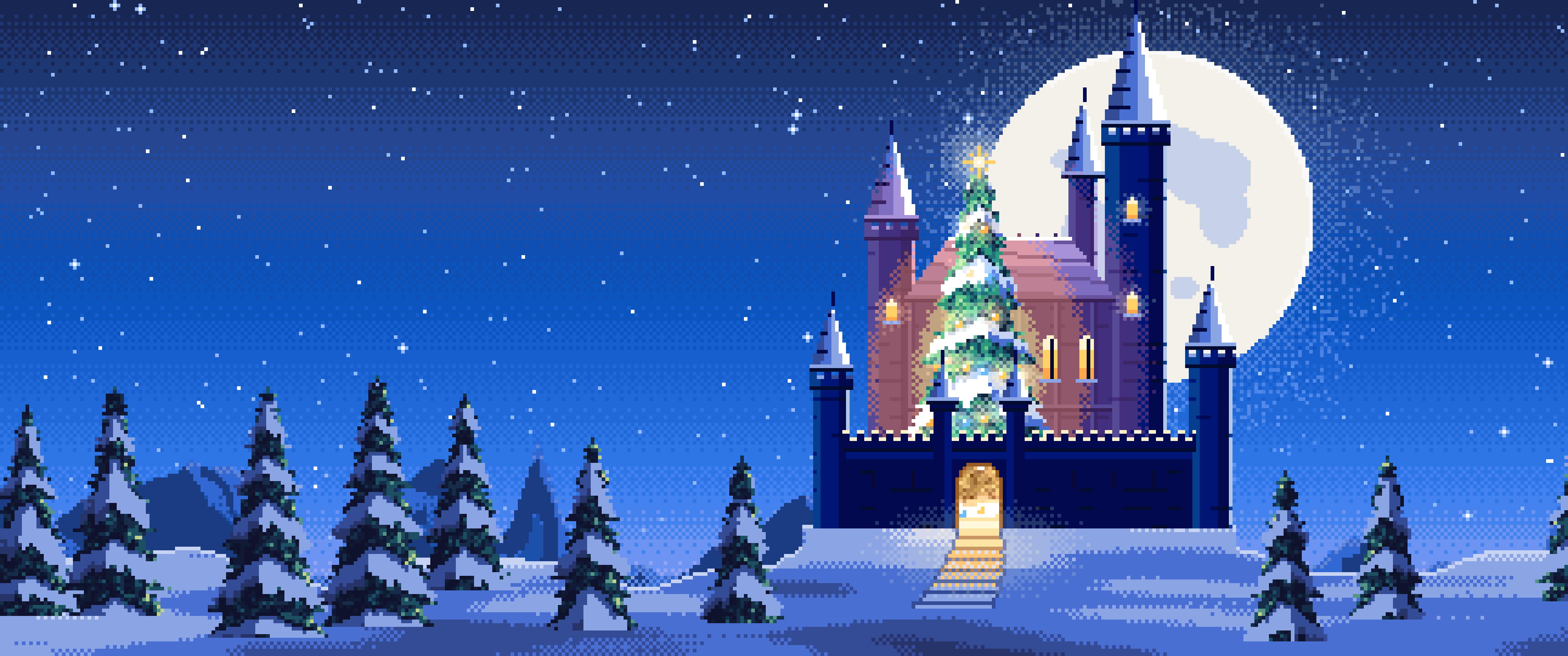Blue Pixel Art Christmas Castle in the Snow ultrawide wallpaper, 3440 × 1440